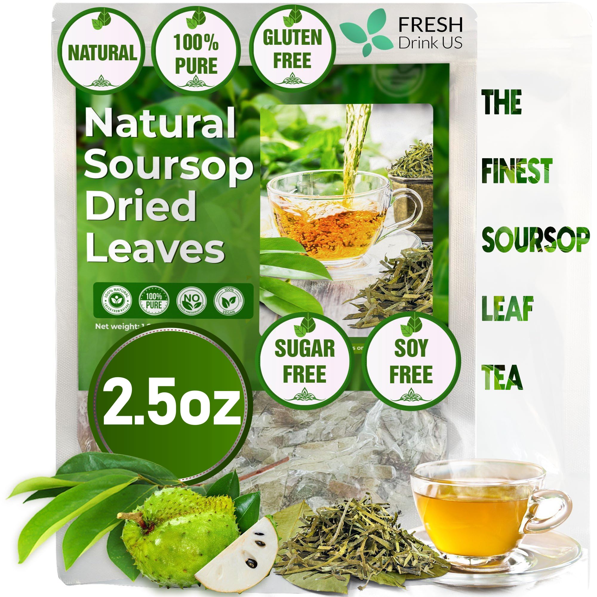 2.5oz Premium Soursop Graviola Dried Leaves Tea, Finest Soursop Tea Size, Lovely Taste, 100% Natural & Pure, Wildcrafted, Graviola, Soursop, Hoja Guanabana Tea, Caffeine/ Sugar/ Gluten Free, Vegan Product