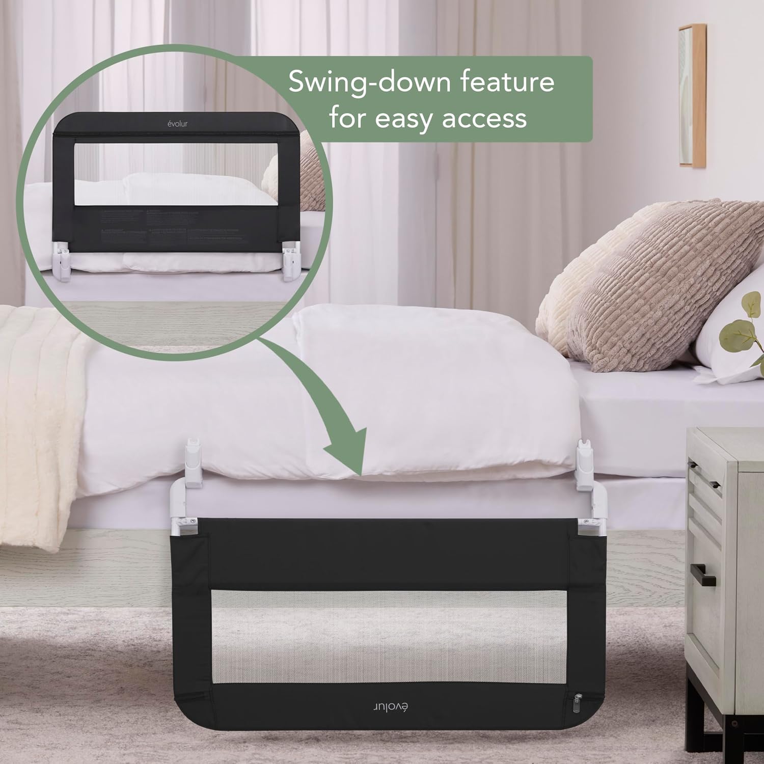 Evolur Snooze Shield Universal Swing-Down Guardrail in Black