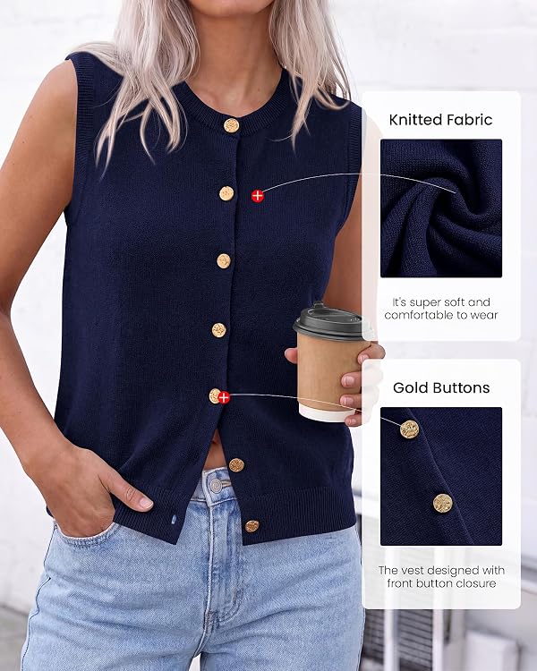 BTFBM Sweater Vest Women Casual Crewneck Loose Button Down Knit Sleeveless Cardigan 2026 Spring Clothes Summer Vest Tops(Navy Blue, Small) by BTFBM - Used condition - US$13.87