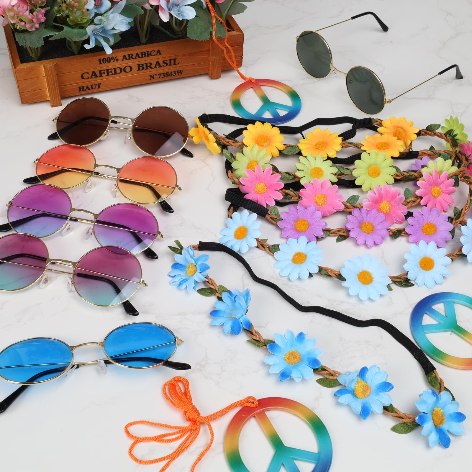 Juego de Accesorios Disfraz Hippie de 18 Piezas Gafas de Sol Redondas Retro Collares con el Signo de la Paz Diademas de Margaritas y Girasoles para Fiesta de los Años 70 y 80
