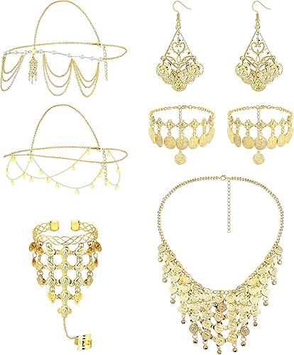 Besteel Juego de 6 joyas para danza del vientre para mujer, chapado en oro, cadenas para la cabeza, monedas vintage, velo, collar, aretes bohemios,