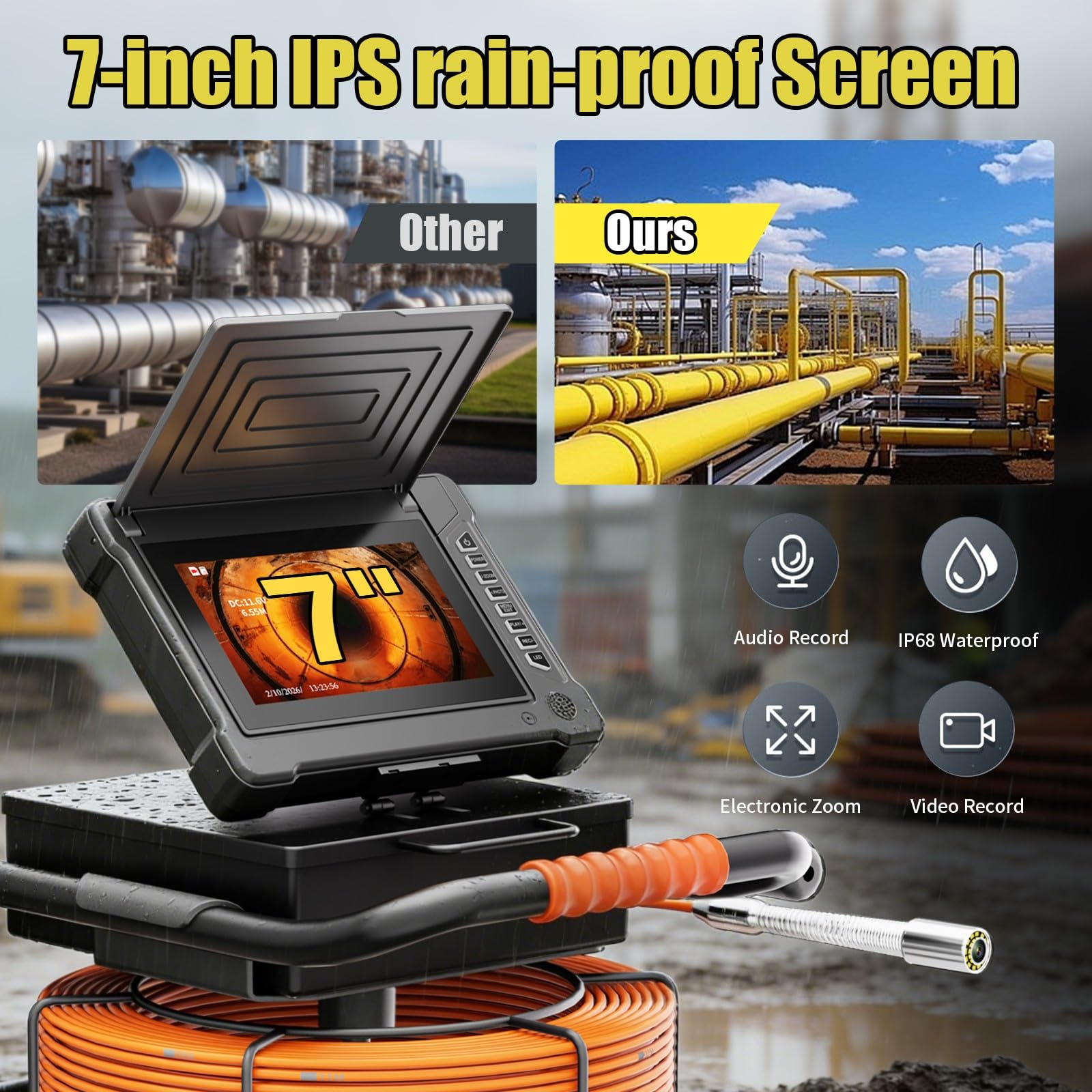 Detector De Drenajes,Borescope,Cámara De Tuberías,Pantalla AHD 7"30M | Cable Con Marcas Métricas,Sonda Autoequilibrada 18mm,1080P HD,8 Lámparas LED Blancas,Tarjeta 32G,Inspeccion Cavidades Paredes
