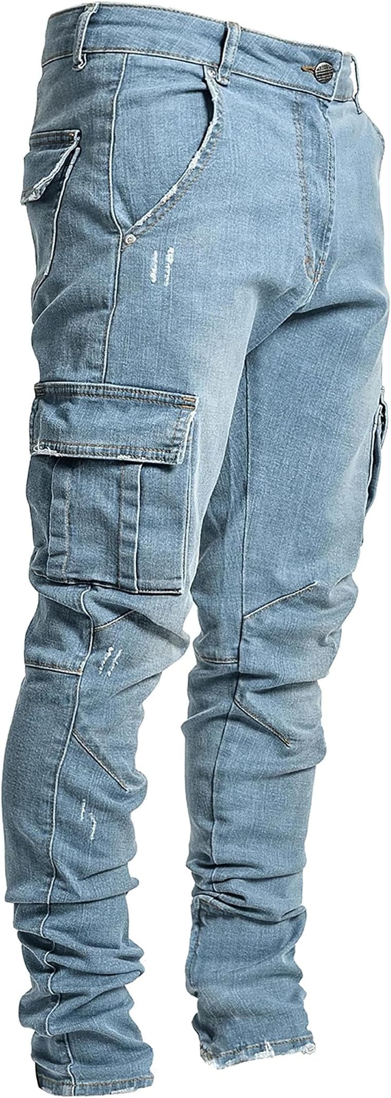 Cargo Jeans for Men Slim Fit Stretch Straight Leg Pants Skinny Fashion Denim Jeans with Multi Pockets