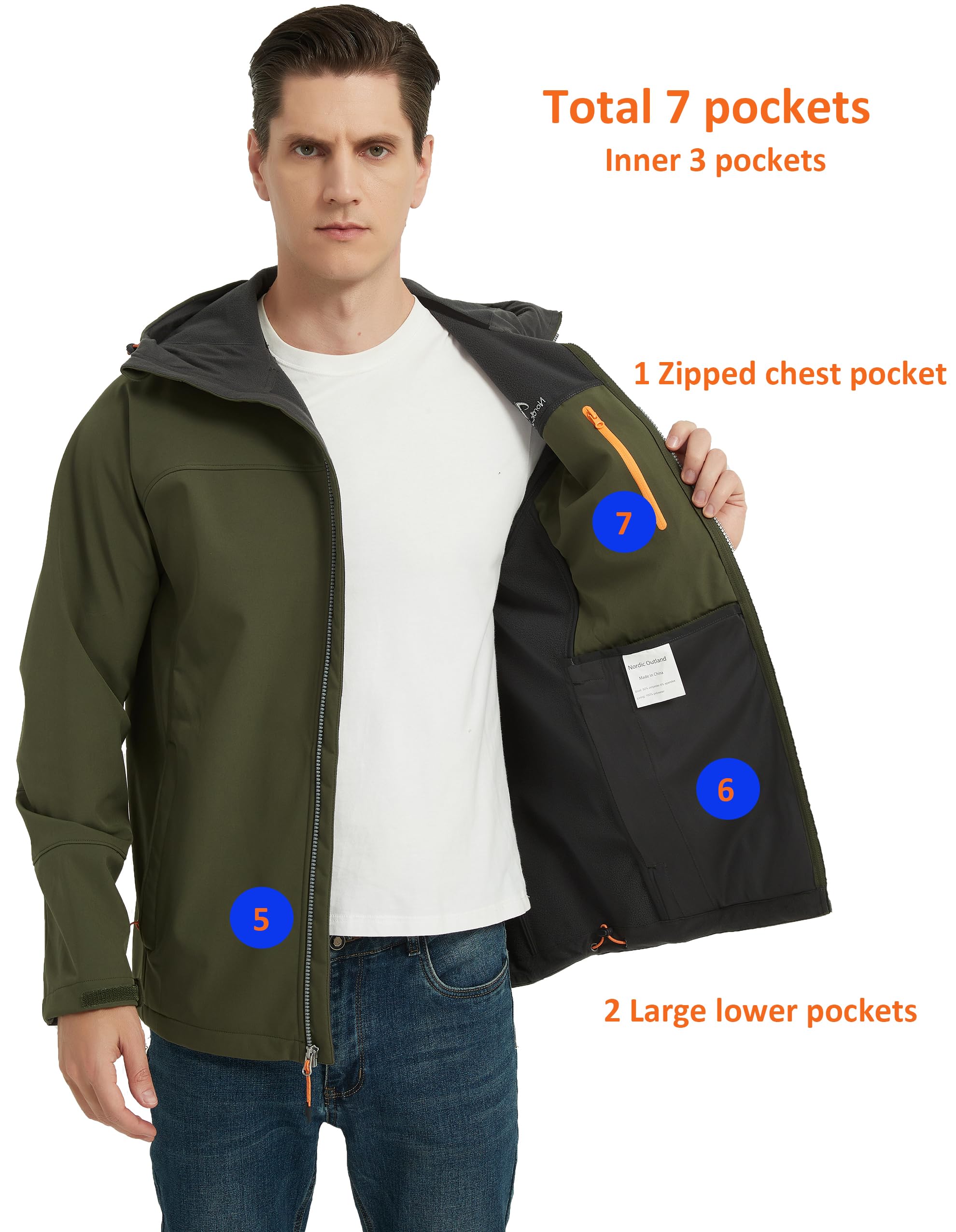 NORDIC OUTLAND Herren Wasserdicht Softshell Regenjacke Kapuze Windbreaker 7 Taschen Leichte Shell für Outdoor-Aktivitäten, Schwarz, S