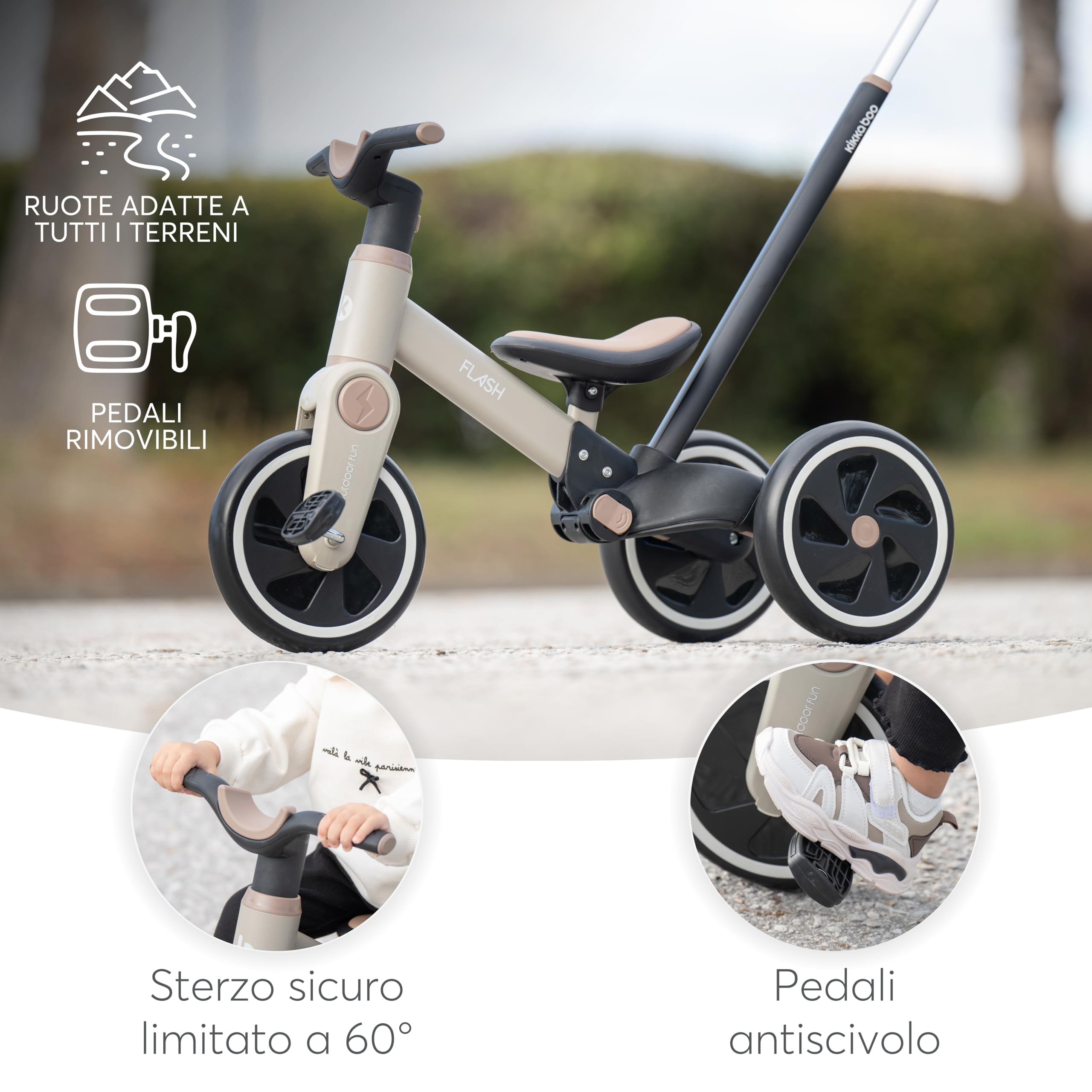 KikkaBoo Triciclo Evolutivo 5 in 1 FLASH, da 18 Mesi a 4 Anni, con Maniglione Regolabile per Genitori, Trasformabile in Bicicletta Senza Pedali, Leggero, Ruote EVA, Telaio in Acciaio, Grigio