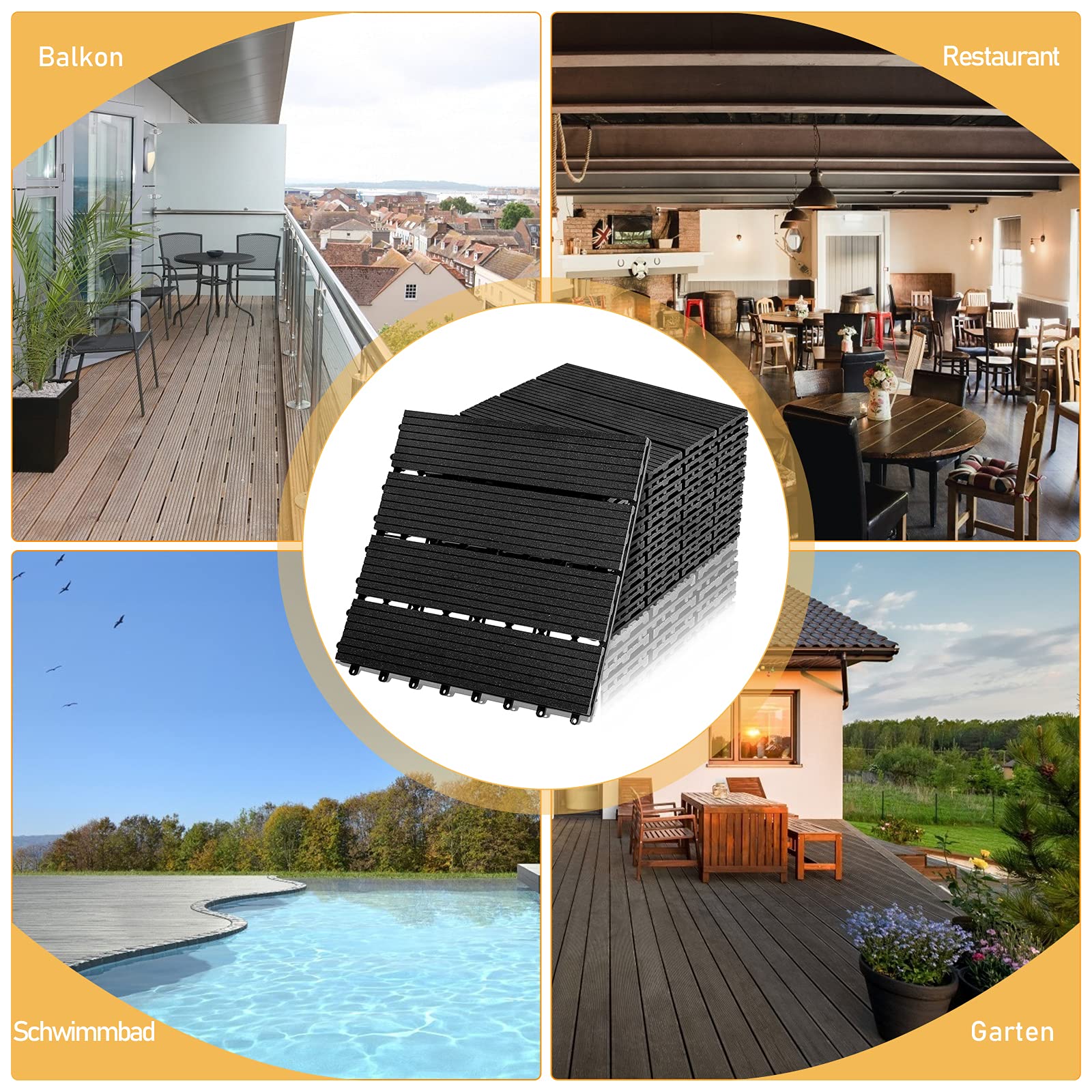 EINFEBEN Piastrelle in WPC, 30 x 30 cm, set da 11 per 1 m², effetto legno, per giardino, balcone, pavimento con drenaggio e sistema a click, piastrelle in legno color antracite