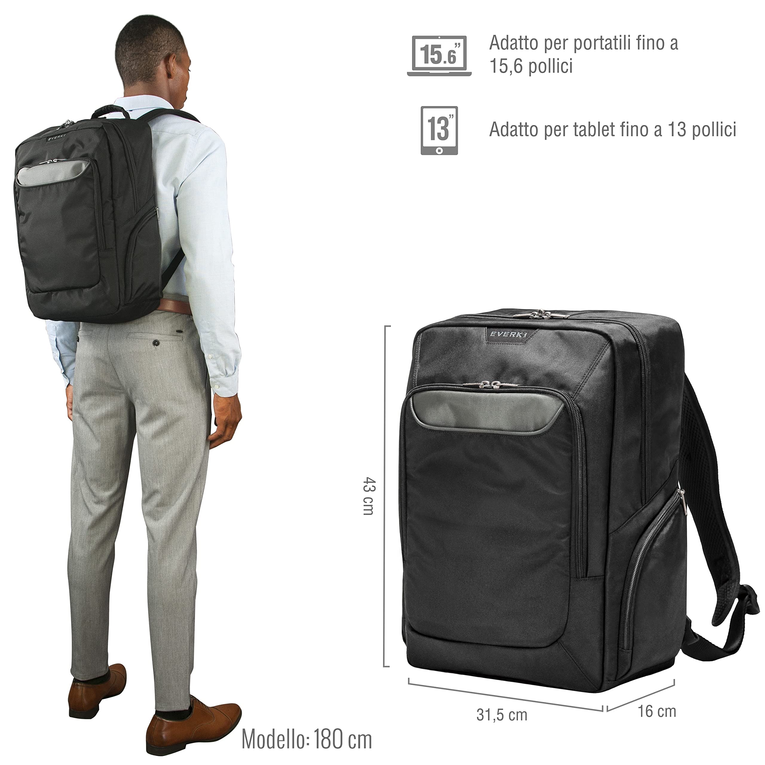 Everki Advance - Zaino per notebook fino a 15.6" con spallacci imbottiti/Scomparto segreto/Trolley/Imbottitura dorsale ergonomica/Cerniere Autorigeneranti / 27 l (EKP107)