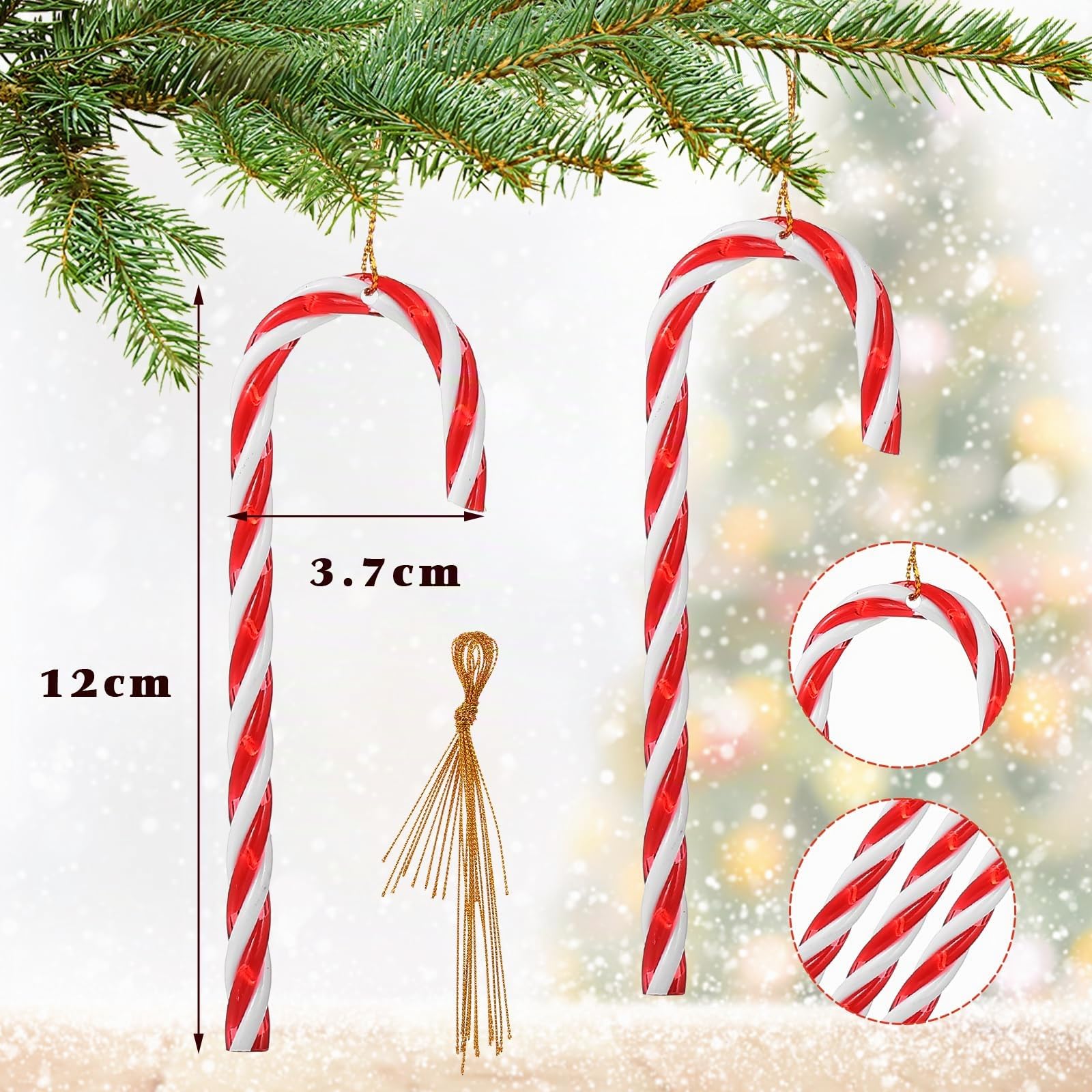 Naler 12 Bastones de Caramelo Adornos para Árboles de Navidad Muletas Plásticas Colgante de Decoración con Cordón Rojo y Blanco