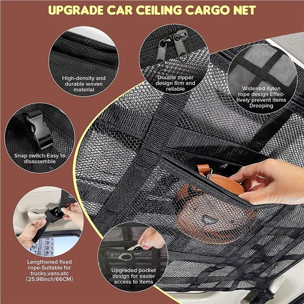 Rete Portaoggetti Tetto Auto per Sospensione Bagagli di Grande capacità Rete Portaoggetti Tasca Organizer(1SET 90x65CM)