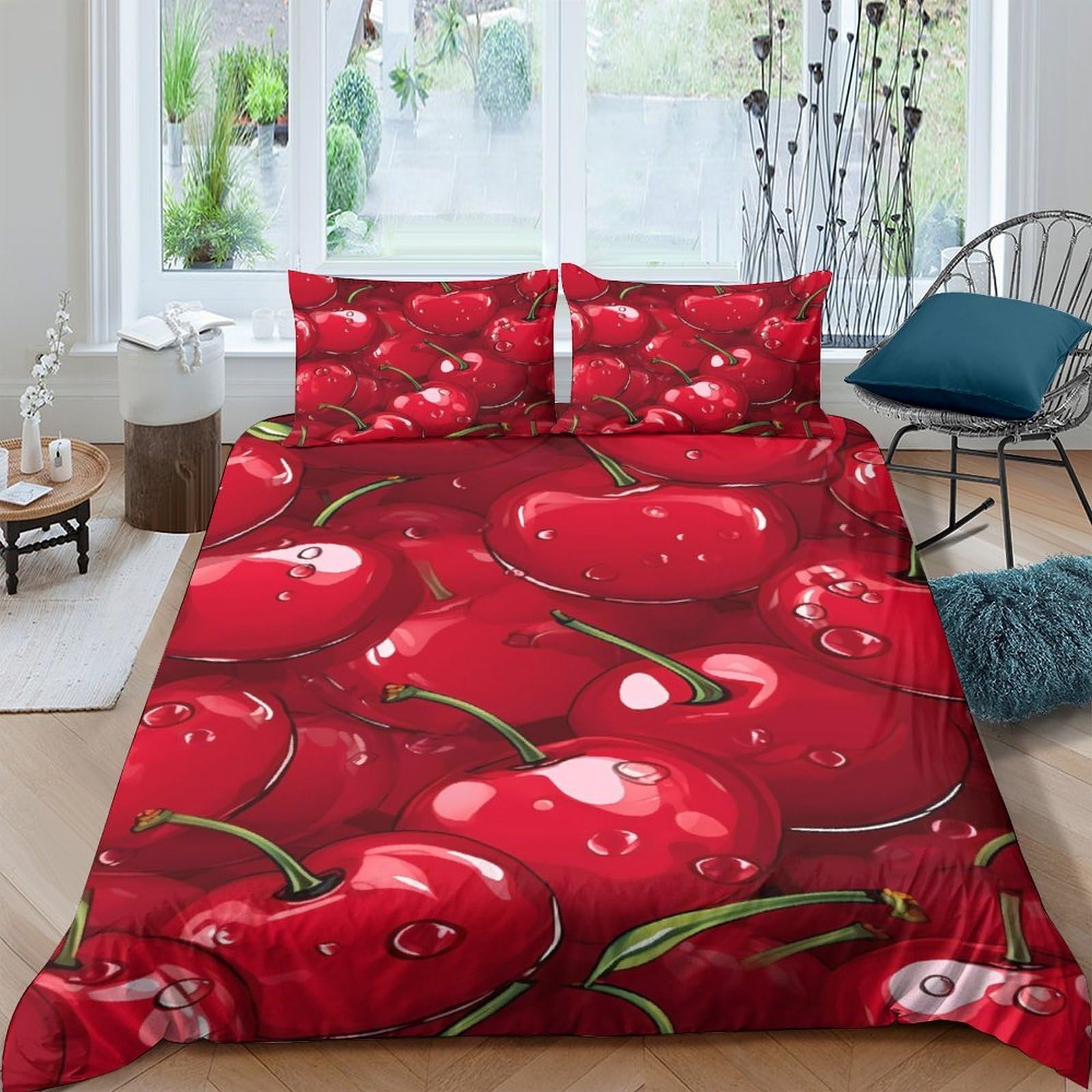 Ctjqhvkz Style-10 3D Printed Cherry Pattern Fitted Sheet Microfiber Soft Red Fruit Bed Cover For Bedroom Dorm Mattress Decor Single（135X200cm）