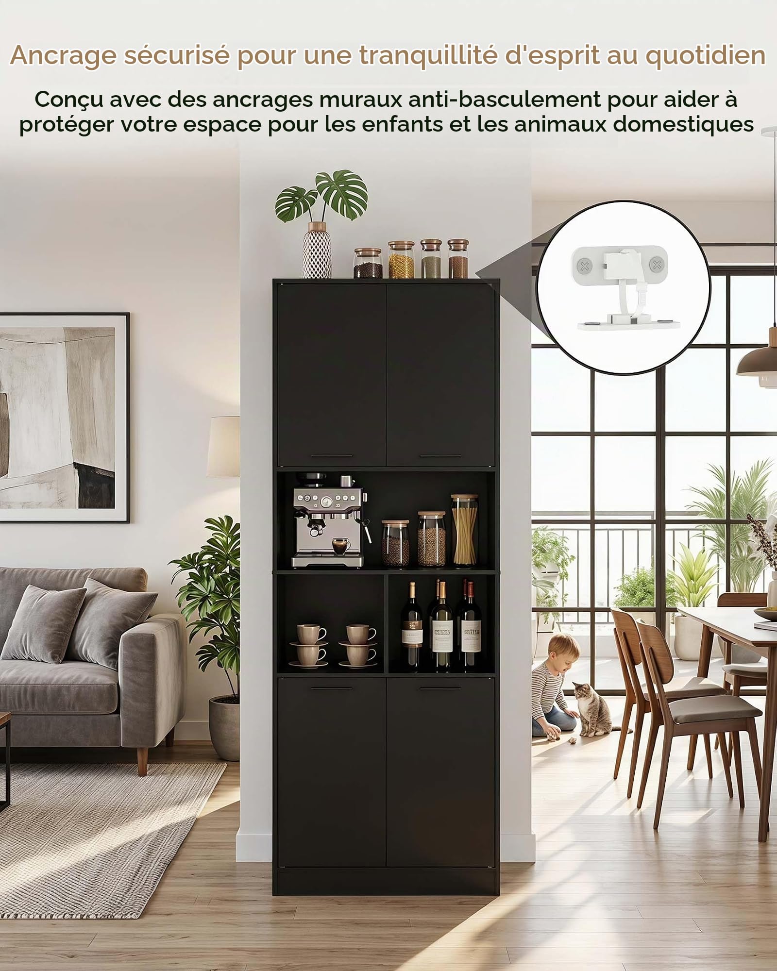 Meuble de Cuisine Colonne 180,5x60x40 cm, Armoire de Rangement Moderne avec Tablettes Ajustables, Meuble Multiuso 4 Portes pour Cuisine et Bureau (Noir)