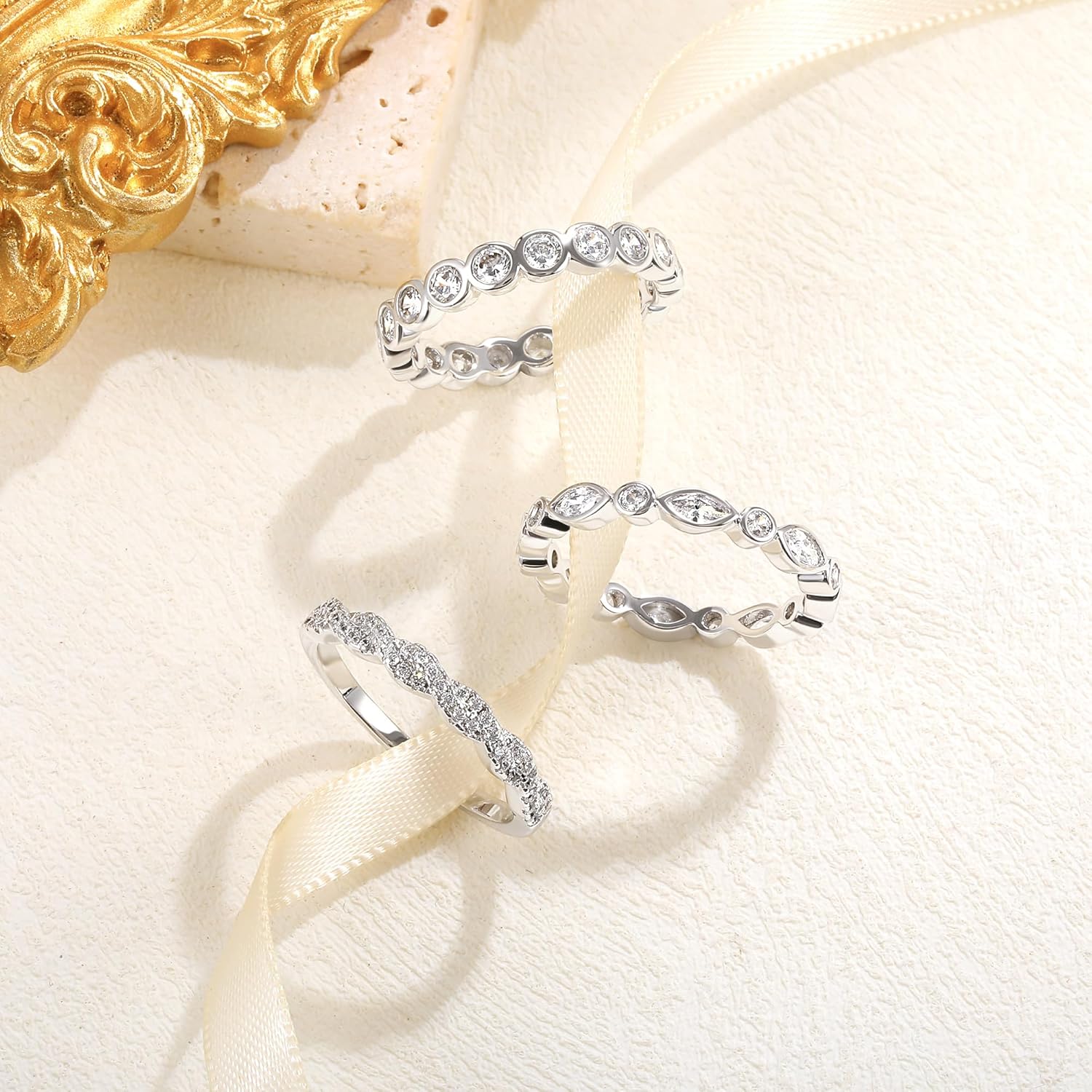 MDFUN 18K White/Yellow Gold Plated Three-in-One Cubic Zirconia Stackable Wedding Engagement Promise Eternity Ring for Women - Image 2