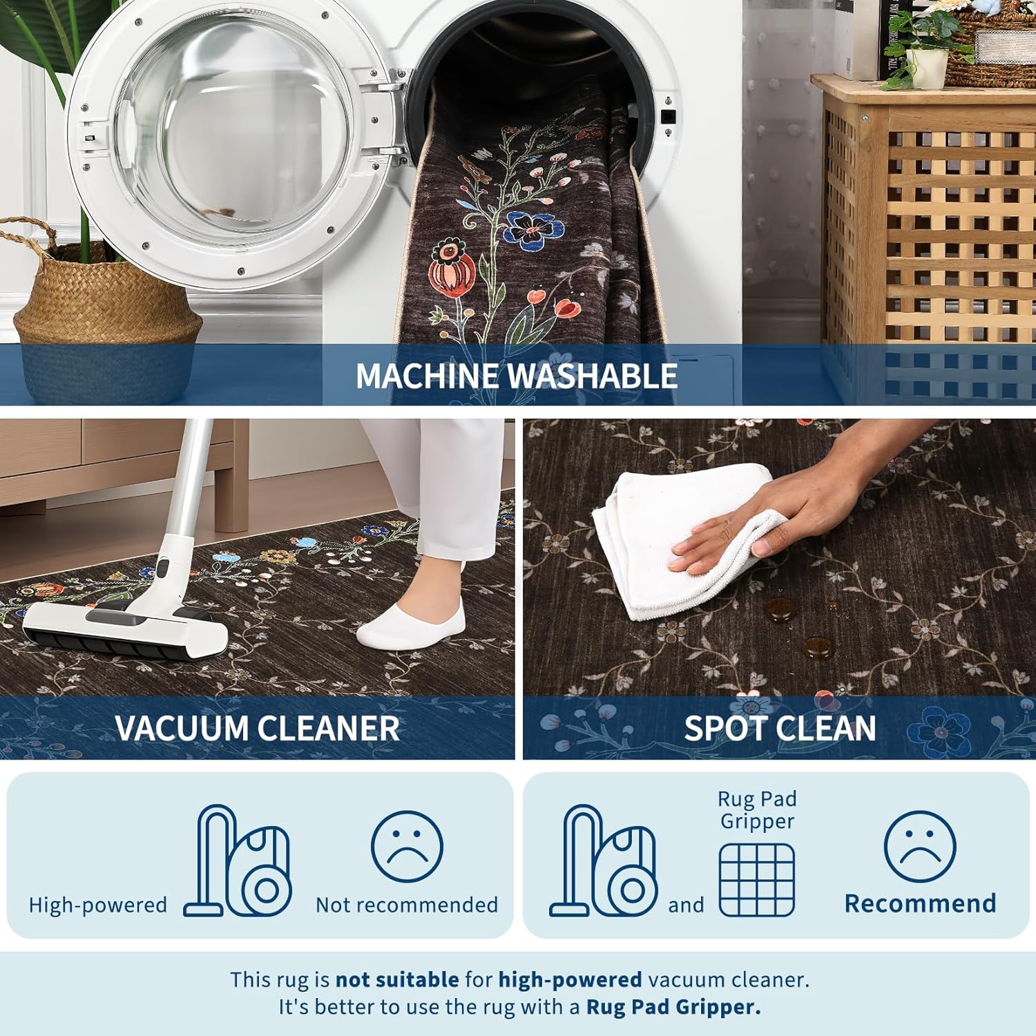 GarveeHome Washable Area Rug 4x6, Small Living Room Rug with Non-Slip Backing, Vintage Floral Rug for Bedroom, Flower Carpet for Kitchen Entryway Office Nursery Entrance Enytry Indoor, 4x6 Brown