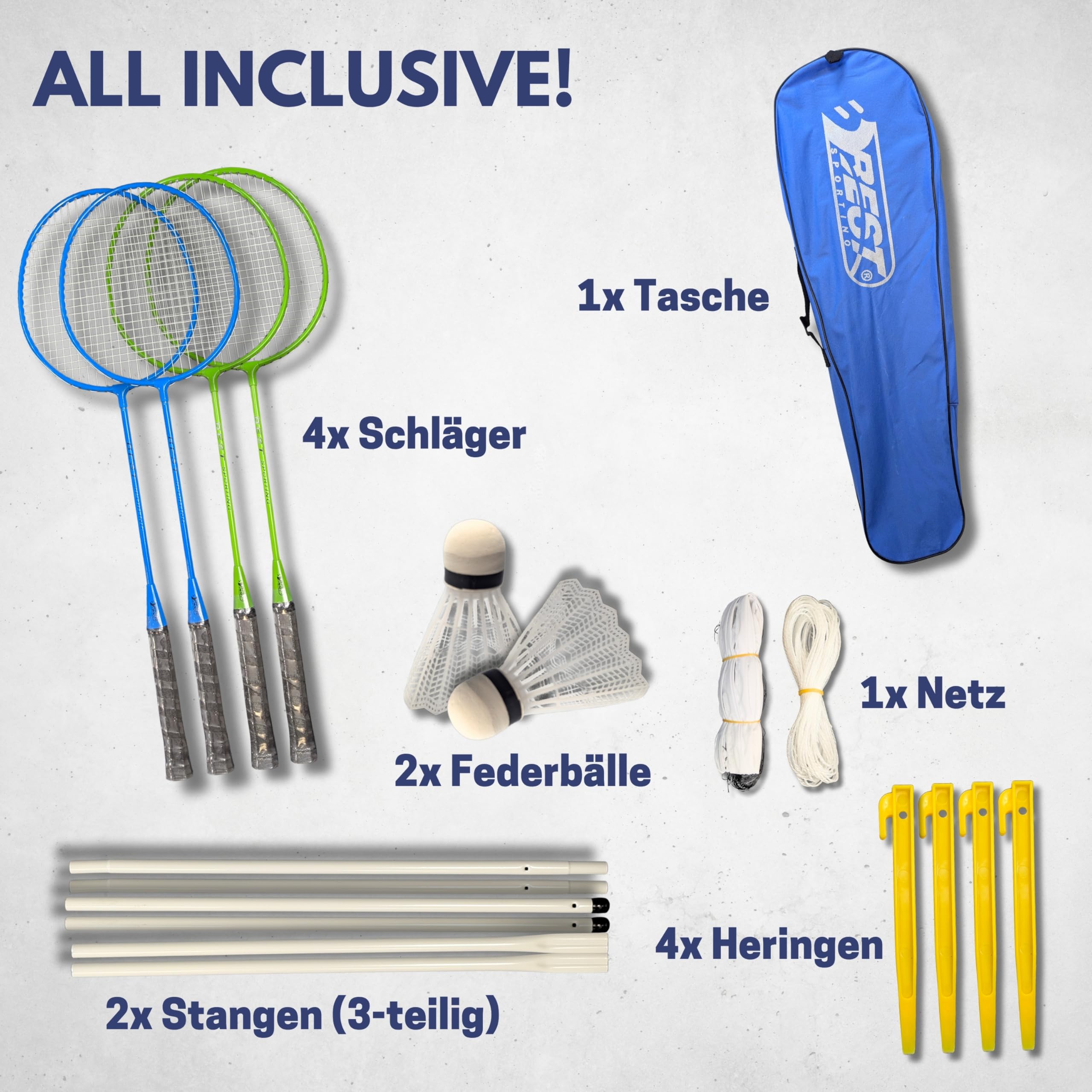 BEST SPORTING Federball Set Erwachsene und Kinder I Badminton Set bestehend aus Netz, 4 Schlägern, 2 Badmintonbällen und Tasche I Federball Set Kinder I Badminton Netz und Schläger für den Garten