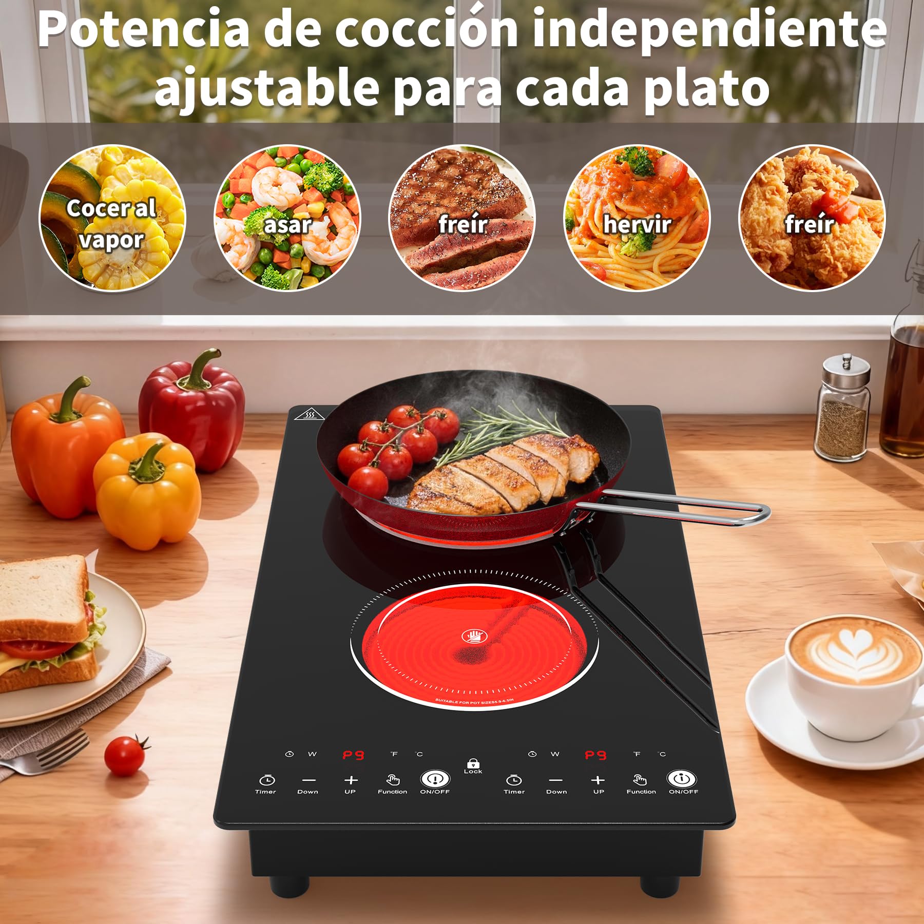 VBGK placa vitroceramica，220V 3000W placa de vitroceramica con control táctil LED, 9 niveles de potencia, bloqueo de seguridad infantil, temporizador de 2 horas.