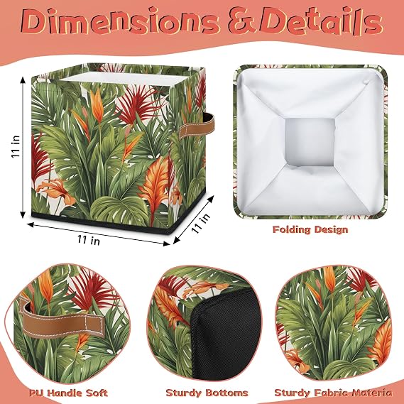 Floral Tropical Botanic Flowers Leaves 11 In Cube Storage Bin Fabric Storage Cubes Organizer, 2 Pack Foldable Decorative Cube Basket for Organizing, Closet, Shelves