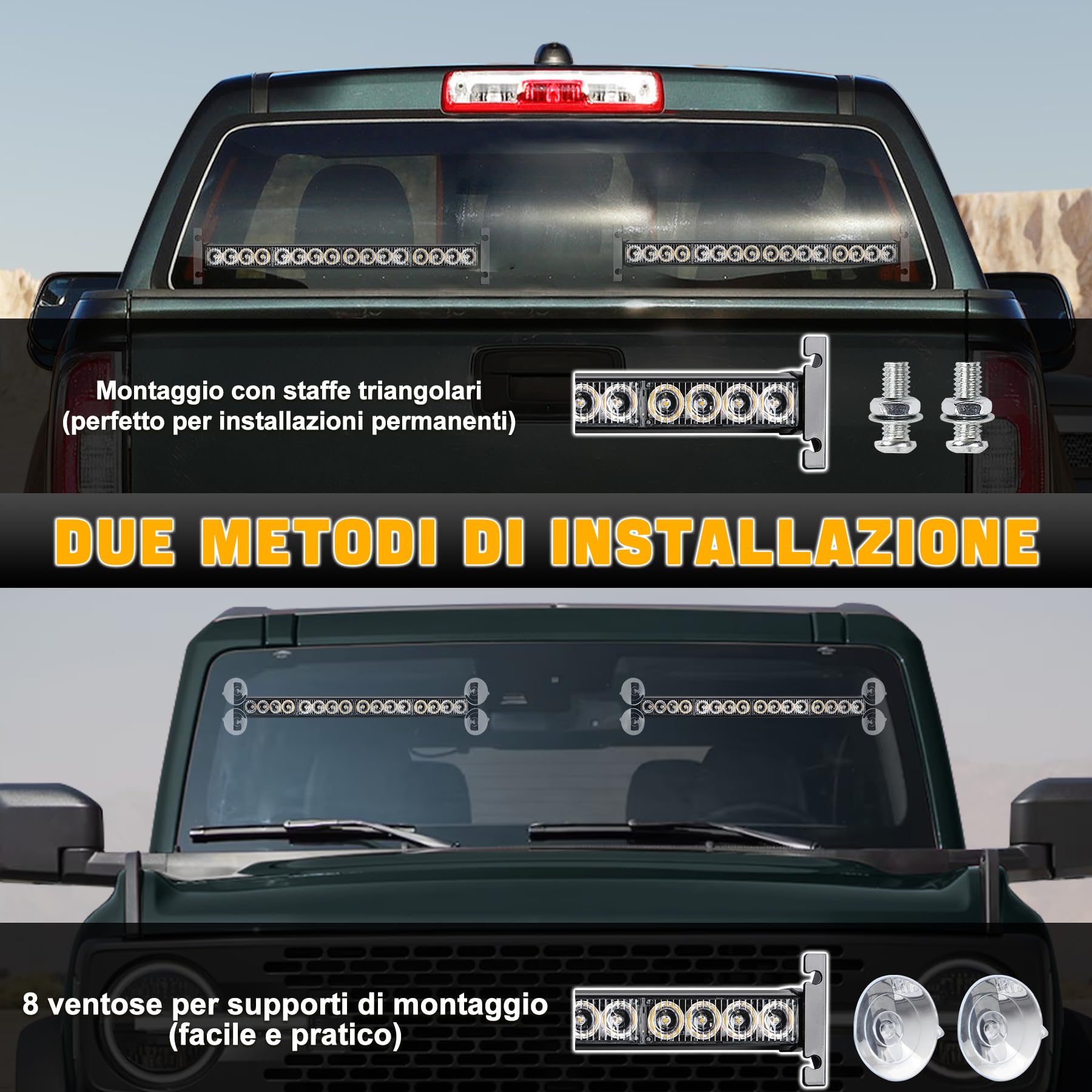 Barra LED Stroboscopica 2x42,6CM 12V/24V Luce Emergenza 2 in 1 32 LED 23 Modalità Flash Ambra IP66 Camion Veicolo Cantiere Sicurezza Stradale