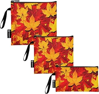 Colorful Maple Leaves Orange Snack Bags and Sandwich Bag Reusable Washable Fabric Food Storage Bags with Zipper for Students (Set of 3: S/M/L)