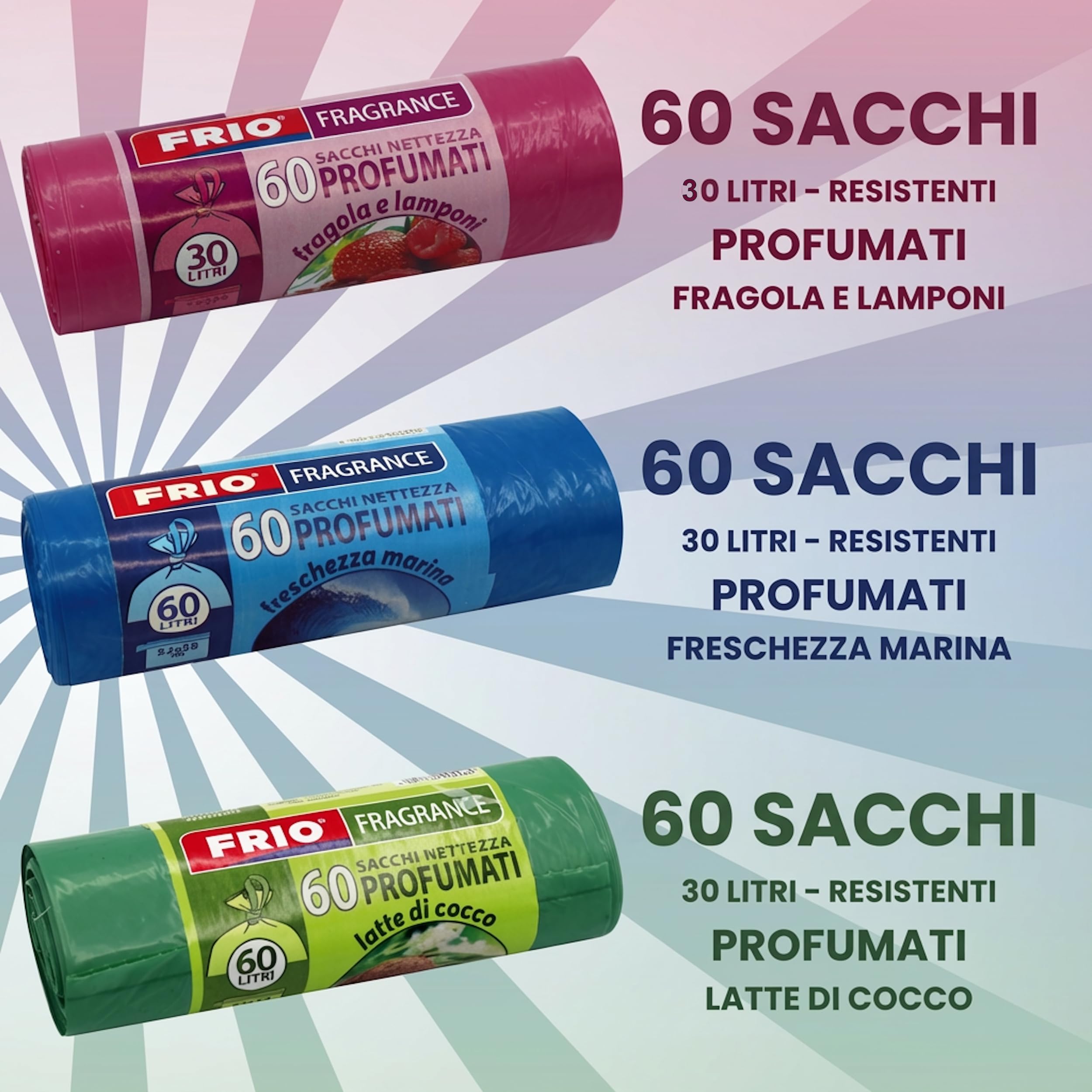 FRIO Multifrutti – 360 Sacchetti Spazzatura 30L Profumati, 24 Rotoli da 15 Sacchi con 6 Aromi e Colori Assortiti, 52x58 cm, Buste Pattumiera Resistenti e Antigoccia
