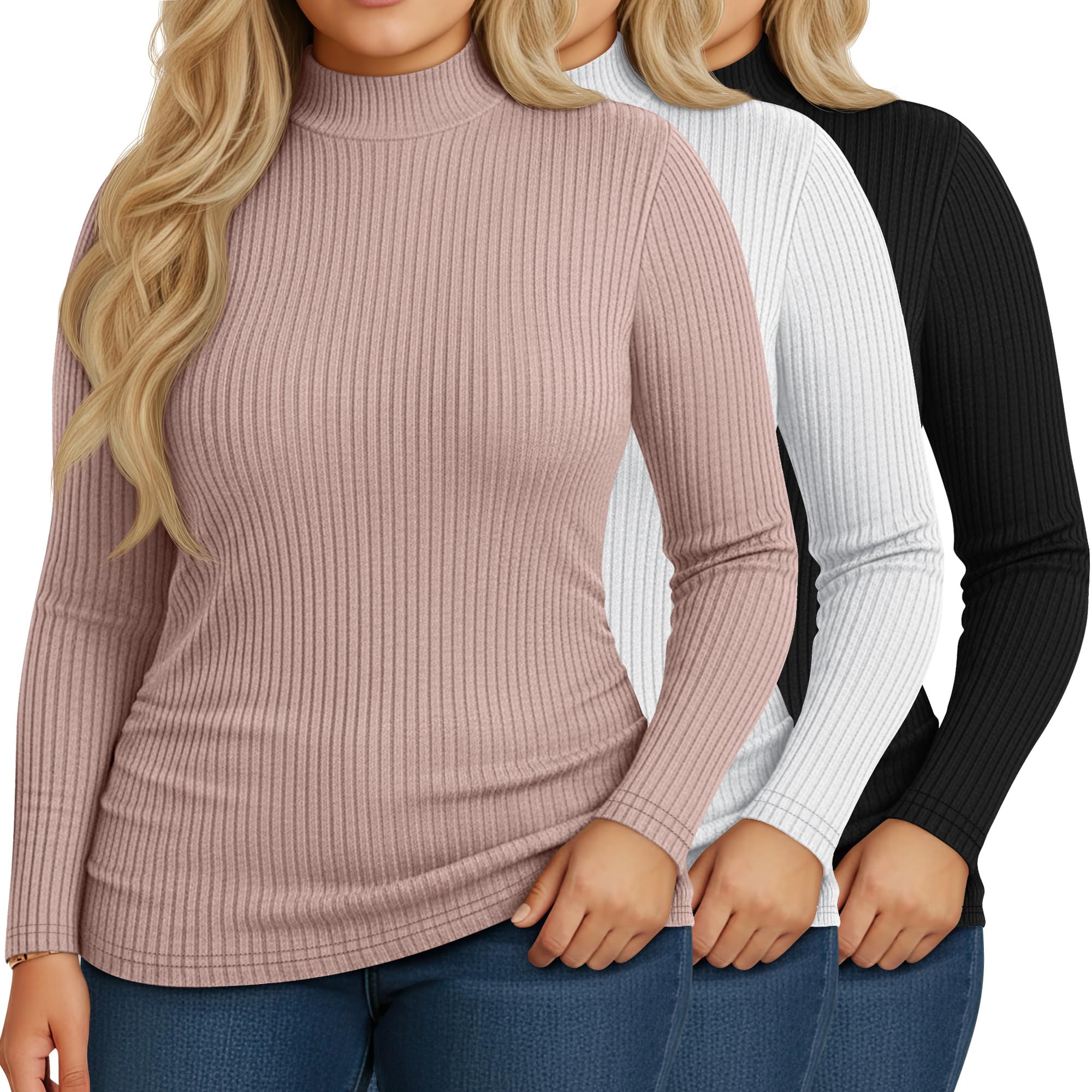Riyiper 3 Pack Womens Plus Size Turtleneck Top Ribbed Base Layer