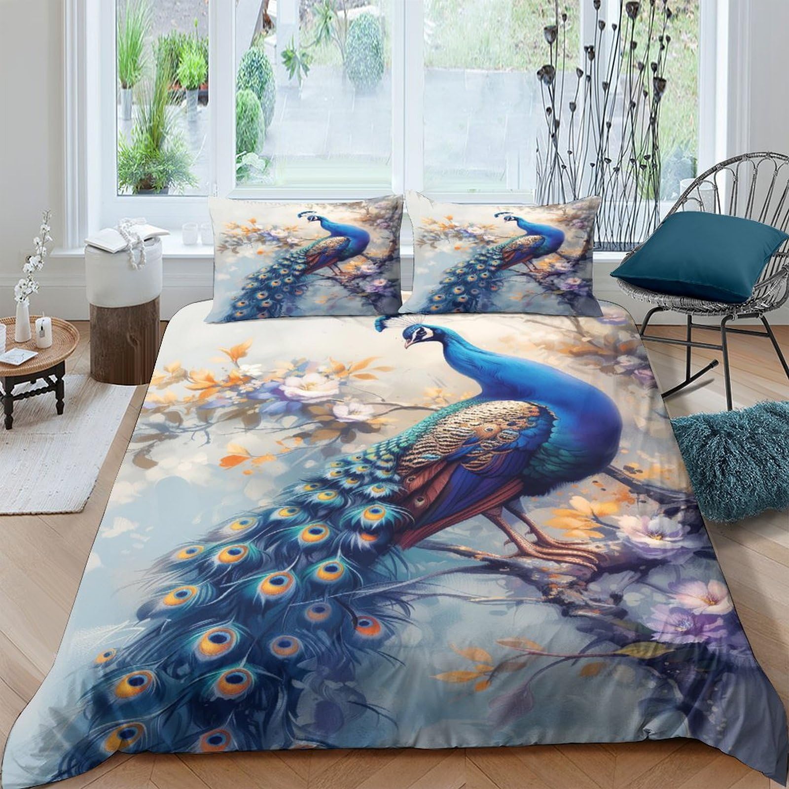 Housse de couette paon 220x240 cm avec 2 taies d'oreiller en microfibres pour lit King Size