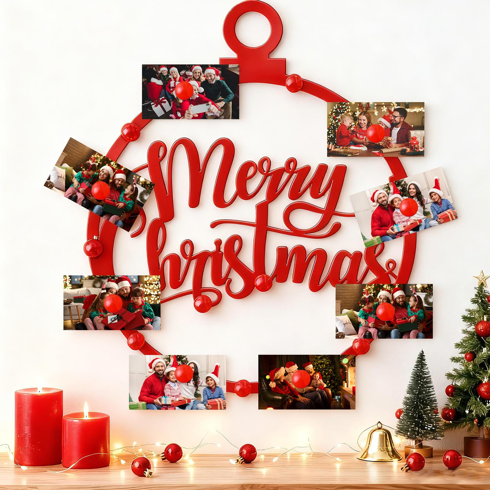 Yousoontic 22.8'' Large Christmas Card Holder with 30 Magnets Metal Merry Christmas Wreath Card Display Red Xmas Wall Hanging Photo Display for Holiday Xmas Party Home Wall Window Door Decor