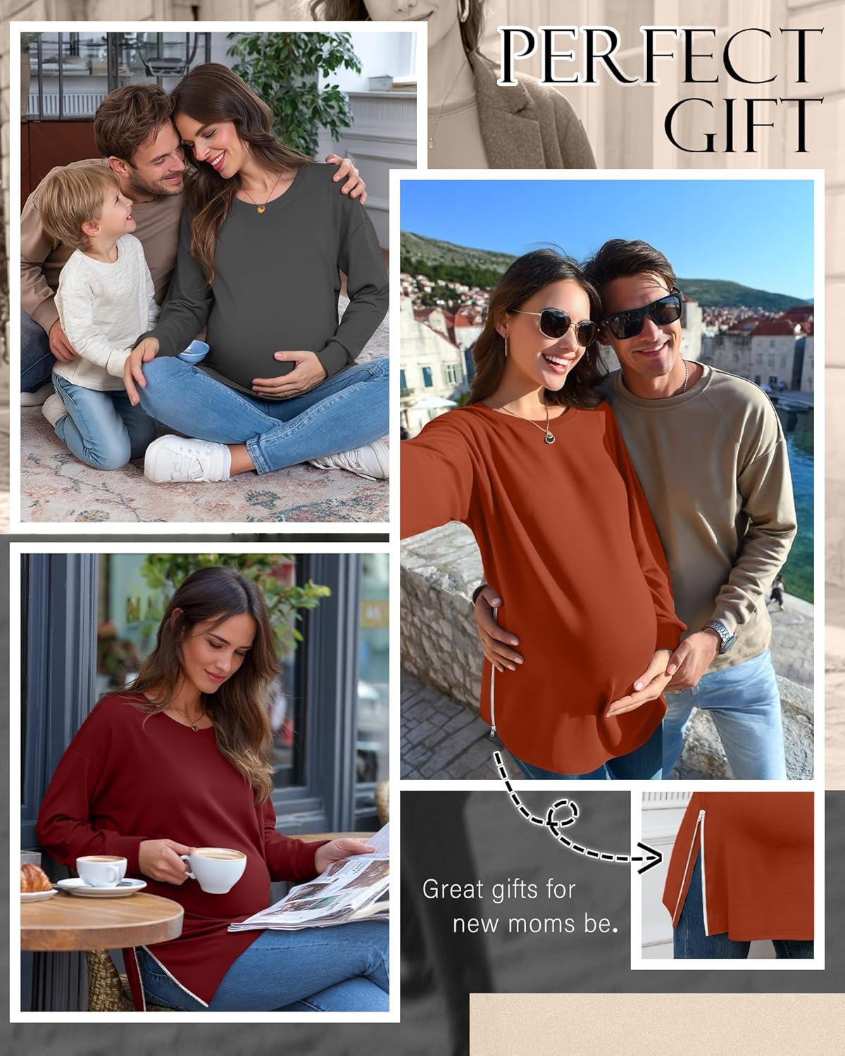 3 Pack Women's Maternity Shirts Long Sleeve T-Shirts Cotton Zipper Split Side Tops Casual Loose Pregnancy Clothes - Image 2