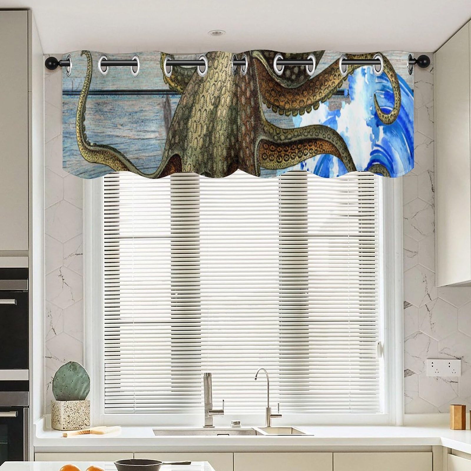 Rideaux de fenêtre courts occultant le vis-à-vis motif pieuvre pour salle de bain et cuisine