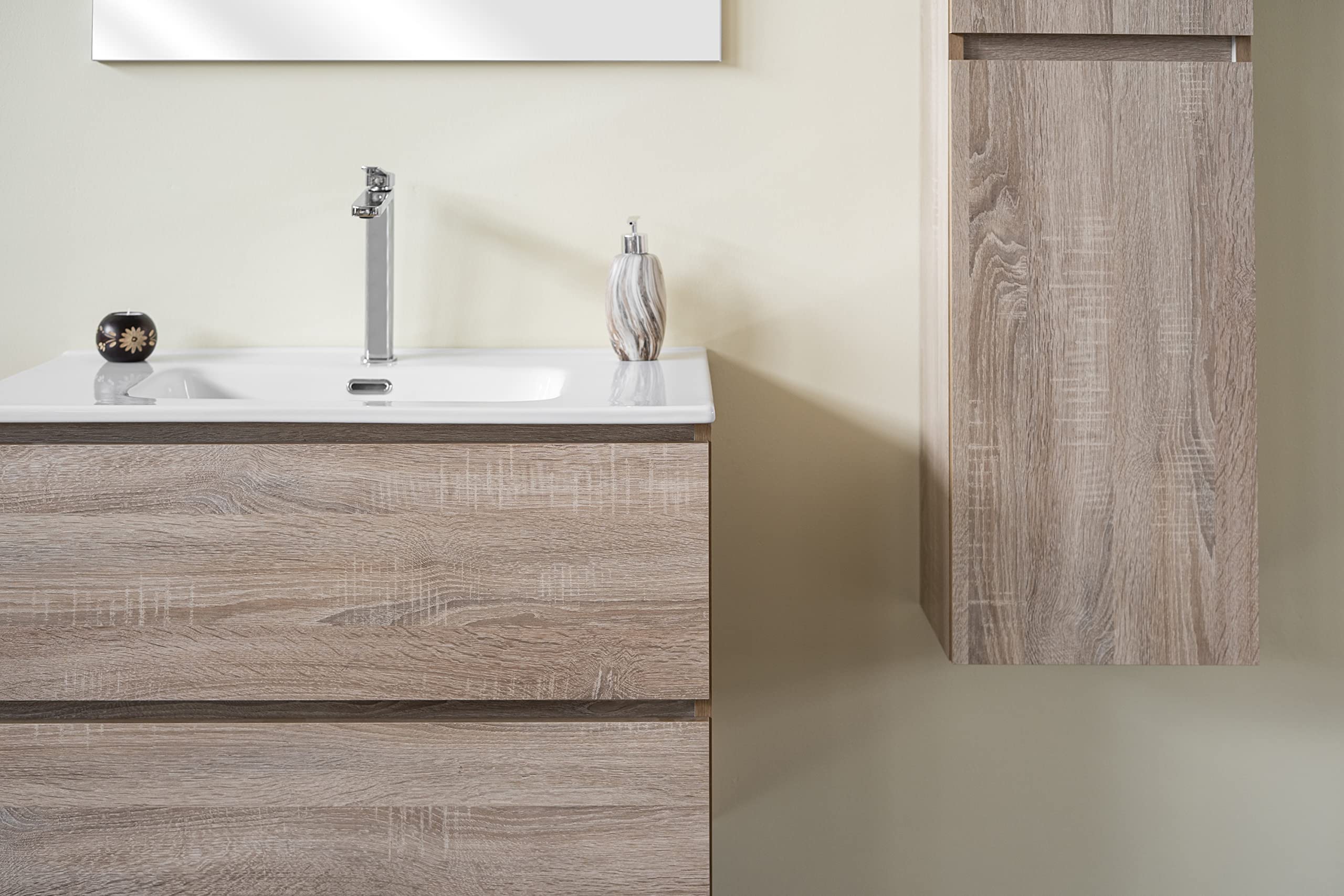 Arredobagno e Cucine Mobile Bagno sospeso Rovere Well, 100cm, Base, lavabo, Specchio e Colonna