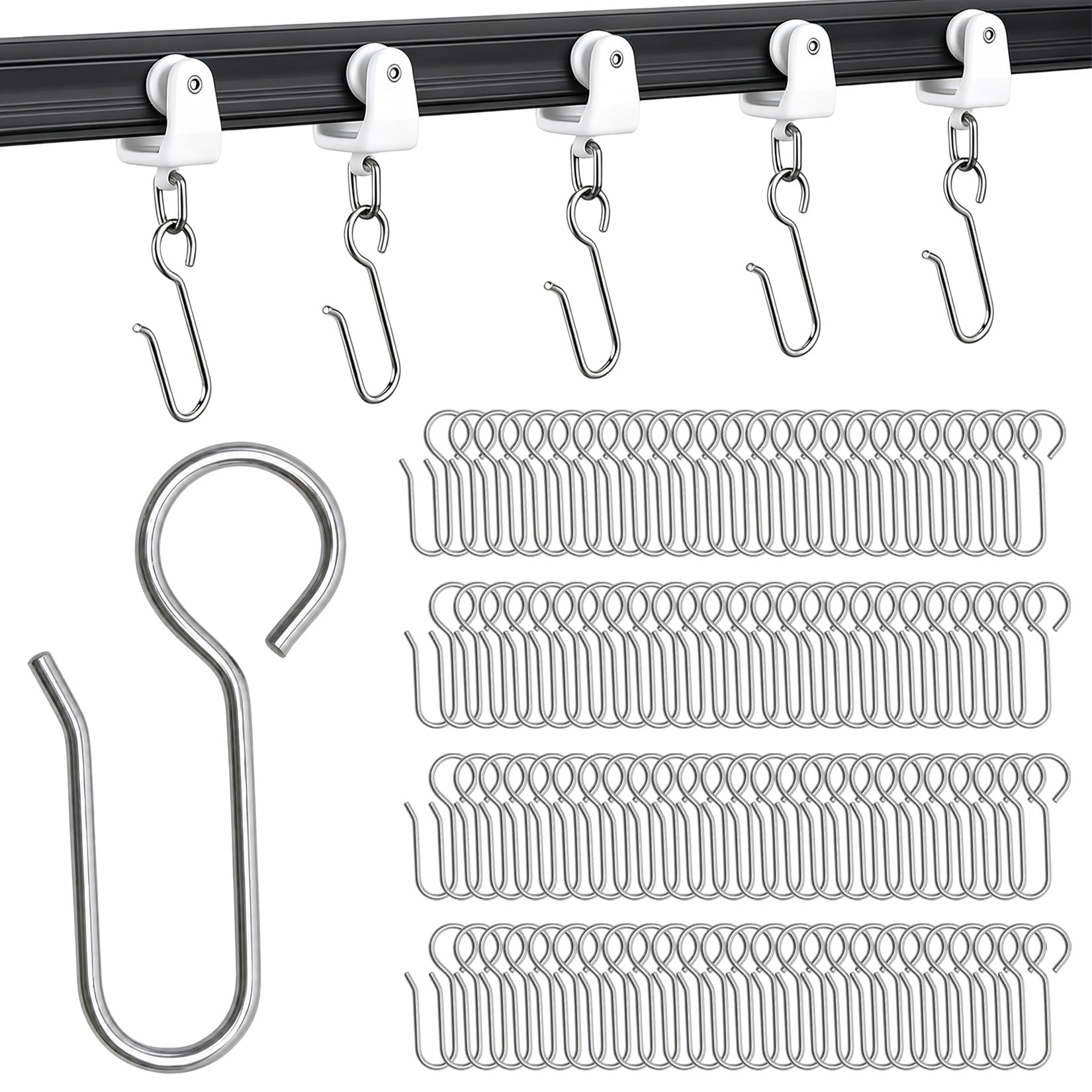 100 Pcs Metal Curtain Hooks Silver, S Shaped Curtain Hooks, Curtaines Track Hook for Heavy Curtains, Ceiling and Drape Track