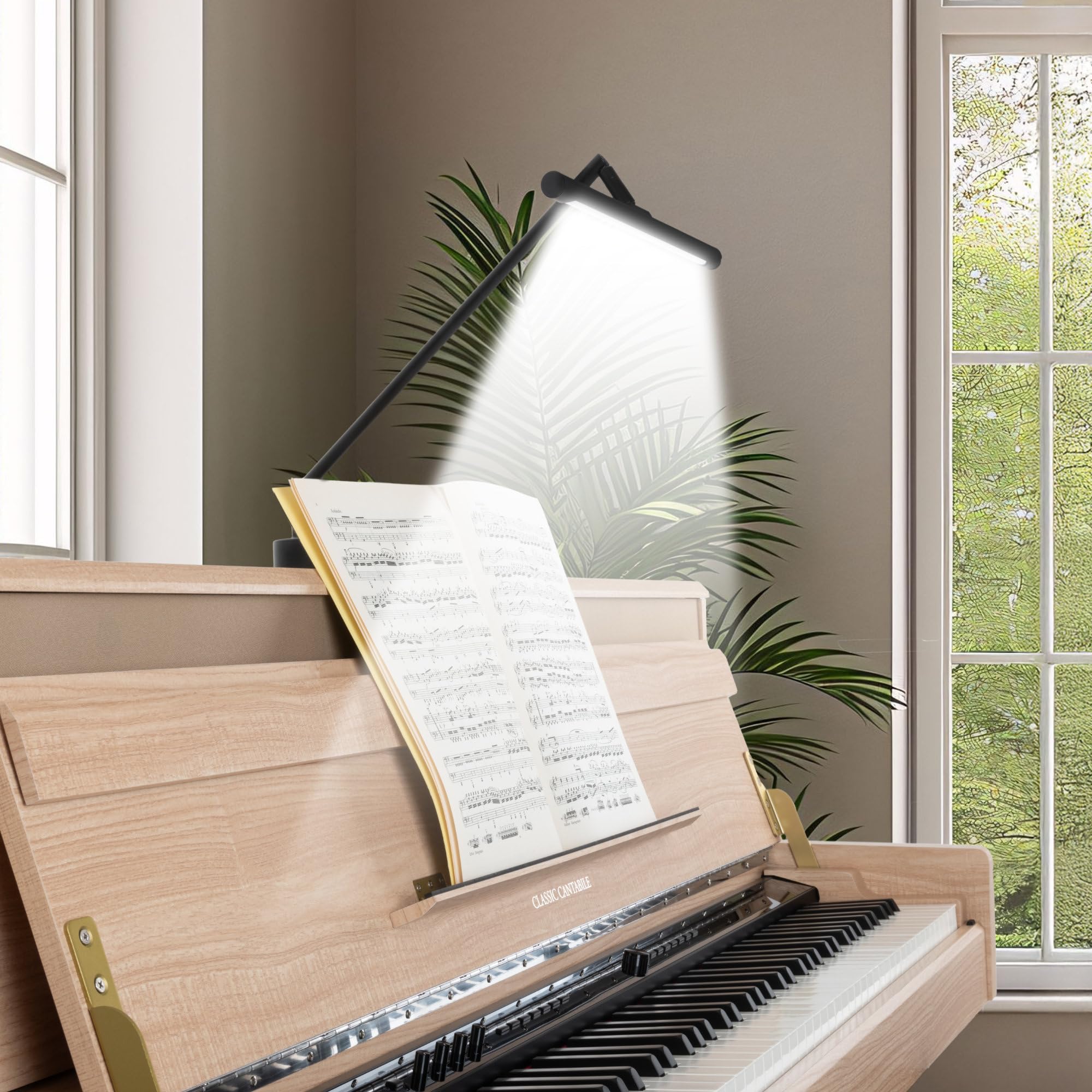 Classic Cantabile SM Lampada per Pianoforte dimmerabile con memory, giunti a sfera, luce calda bianca 78 LED, porta di ricarica, lampada da tavolo nera per leggio.
