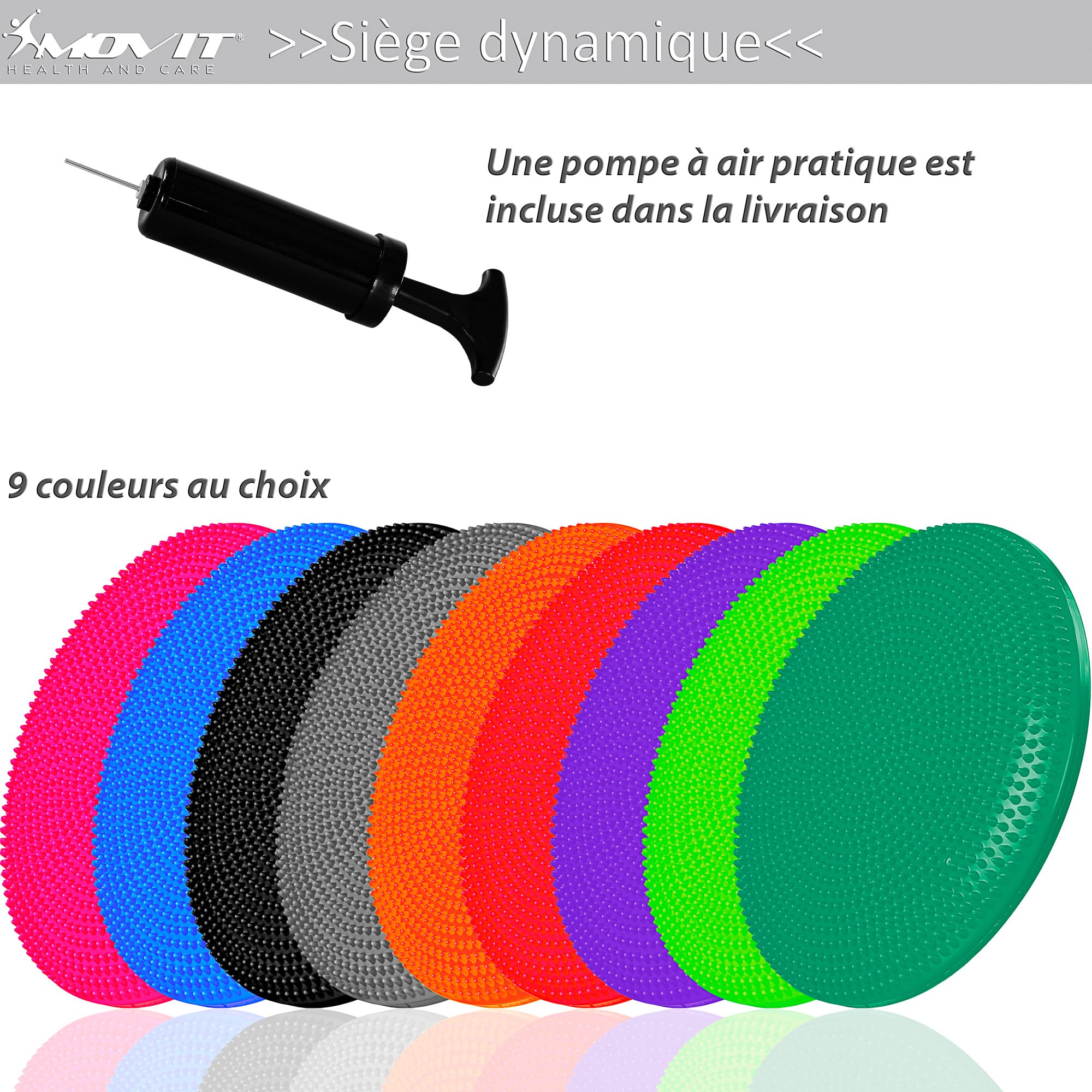MOVIT Coussin d'assise à Balle Dynamic Seat avec Pompe, 33 cm ou 38 cm, Choix de Couleur, Coussin d'air à Picots Coussin d'équilibre
