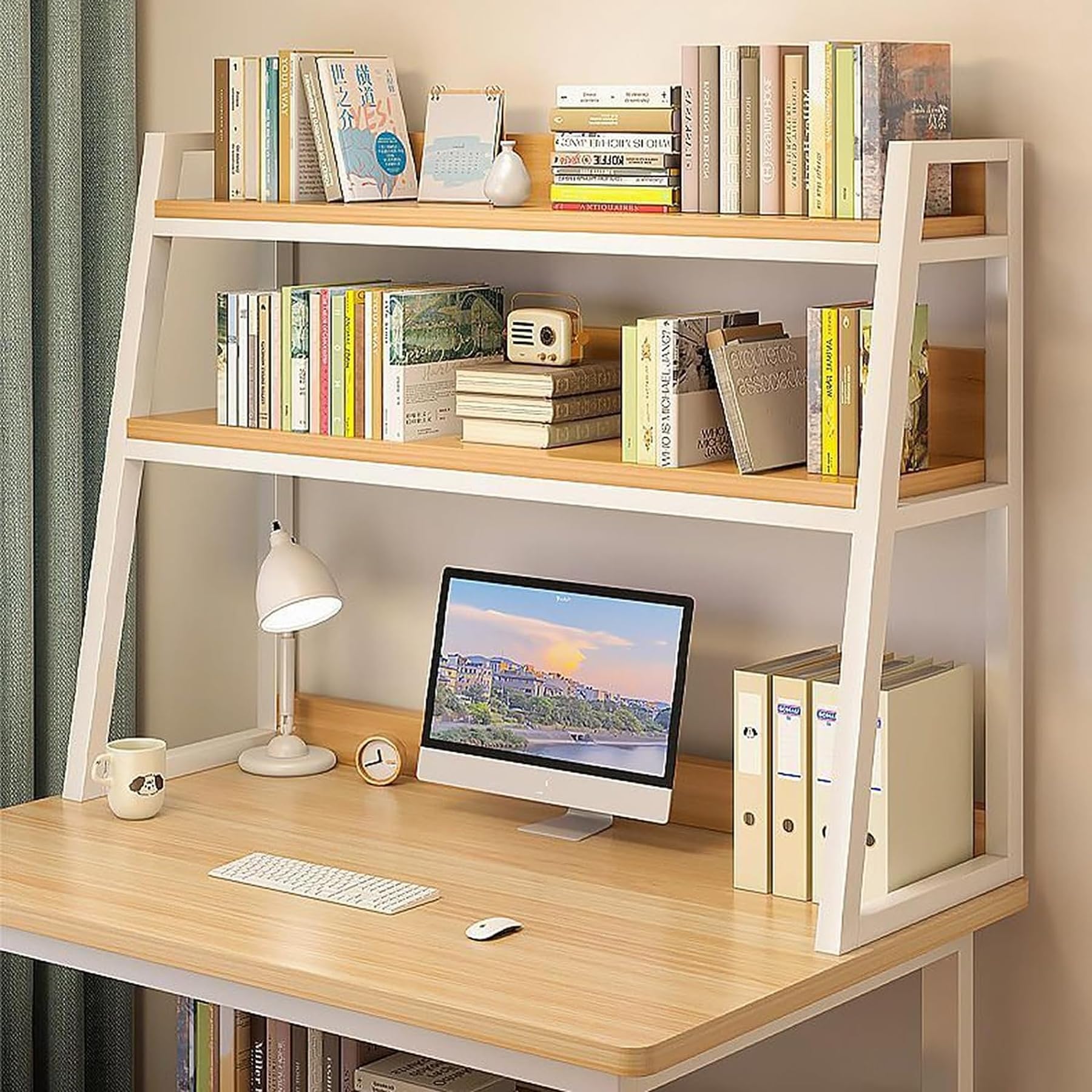 Desk Hutch, Desktop Bookshelf With 5 Shelves, Wood Desk Shelf For Computer, 3-Tier Desktop Bookshelf Organizer For Home Office Dorm, White