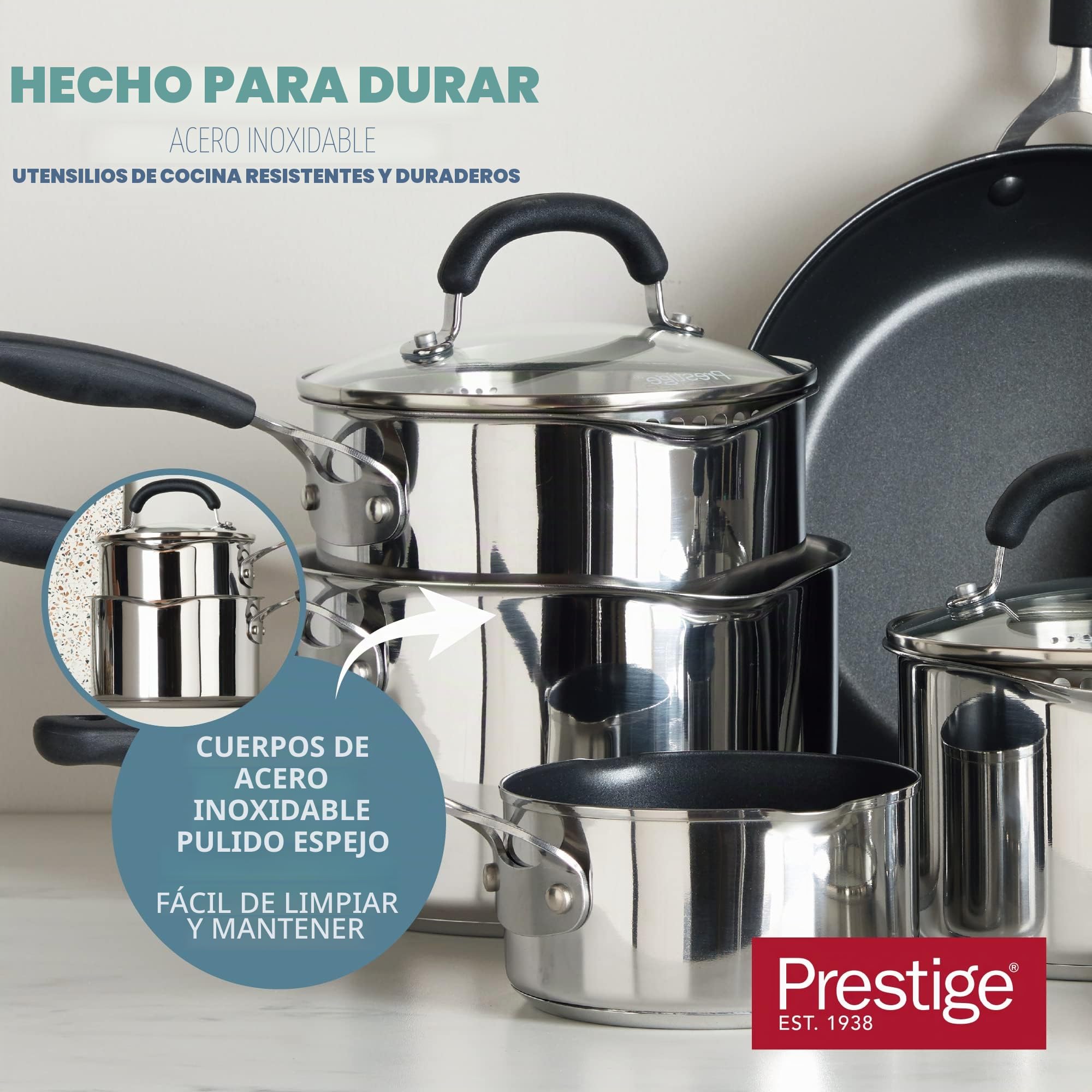Prestige Juego de sartenes de acero inoxidable sin revestimiento hechas para durar, 21 cm, 25 cm, 29 cm, no tóxicas, compatibles con inducción, aptas para lavavajillas y horno