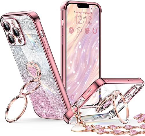 Miniatura 11 de XYZ Funda para iPhone 14 con soporte, funda para teléfono con soporte de doble anillo, para mujeres y niñas, funda transparente con purpurina de Oro