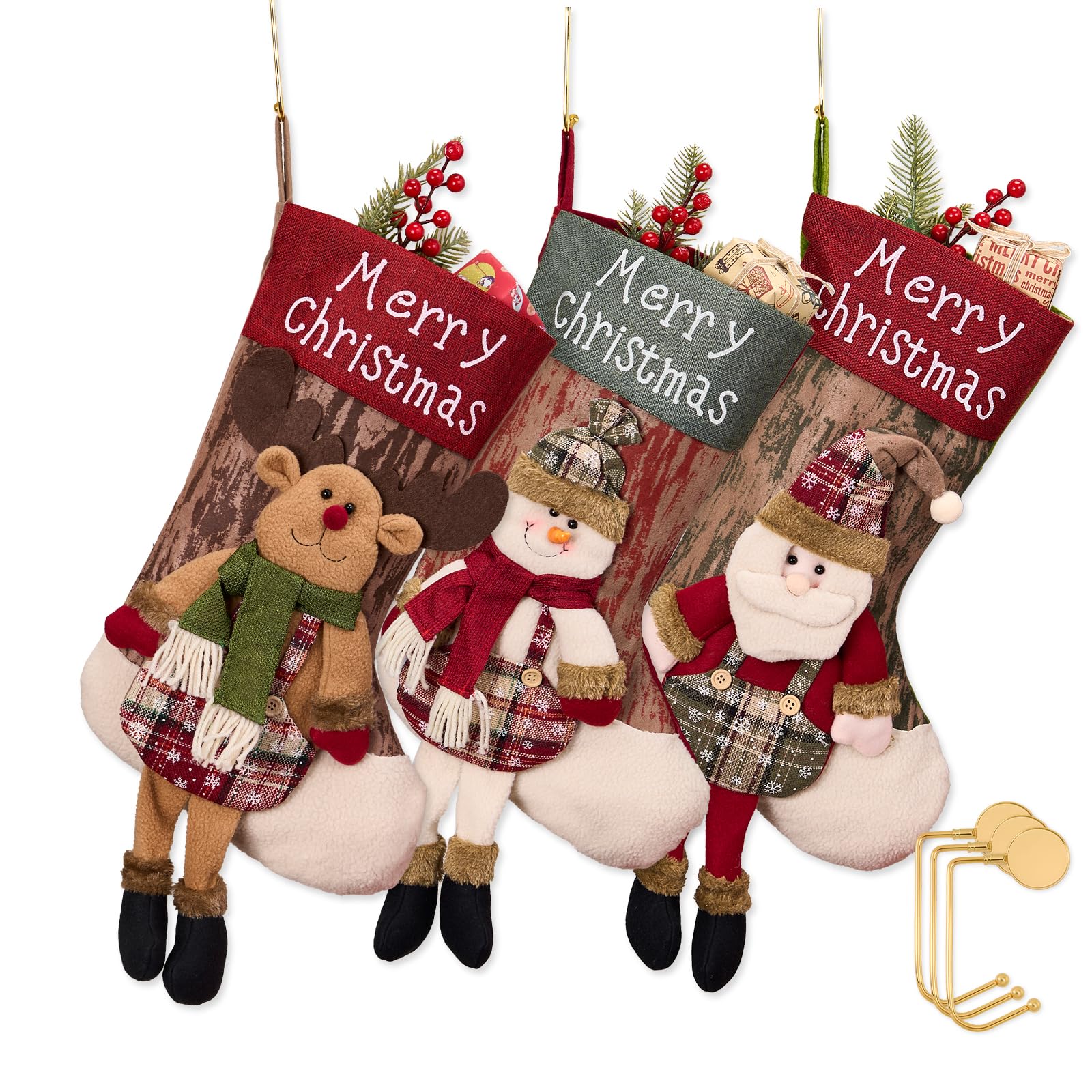 Jumbo-3D-Weihnachtsstrümpfe mit goldenen Haken, extra groß, 45,7 cm, Weihnachtssocken für Kamin, Kaminsims, Urlaubsstrümpfe, Set für Geschenke (3 Beine)