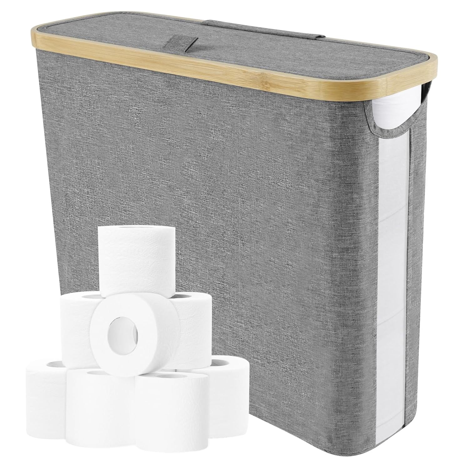 Toilet Paper Storage with Side Window Large Toilet Roll Basket with Lid Toilet Roll Holder Storage Stand Bathroom Toilet Roll Storage Box Narrow Organizer Bin for Restroom Bathroom Kitchen (Grey)
