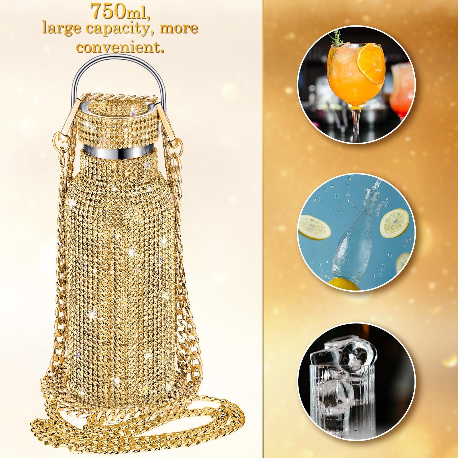Botella de agua con diamantes de imitación de acero inoxidable, térmica, recargable, aislante, con cadena, para mujeres y niñas (dorado, 750 ml)