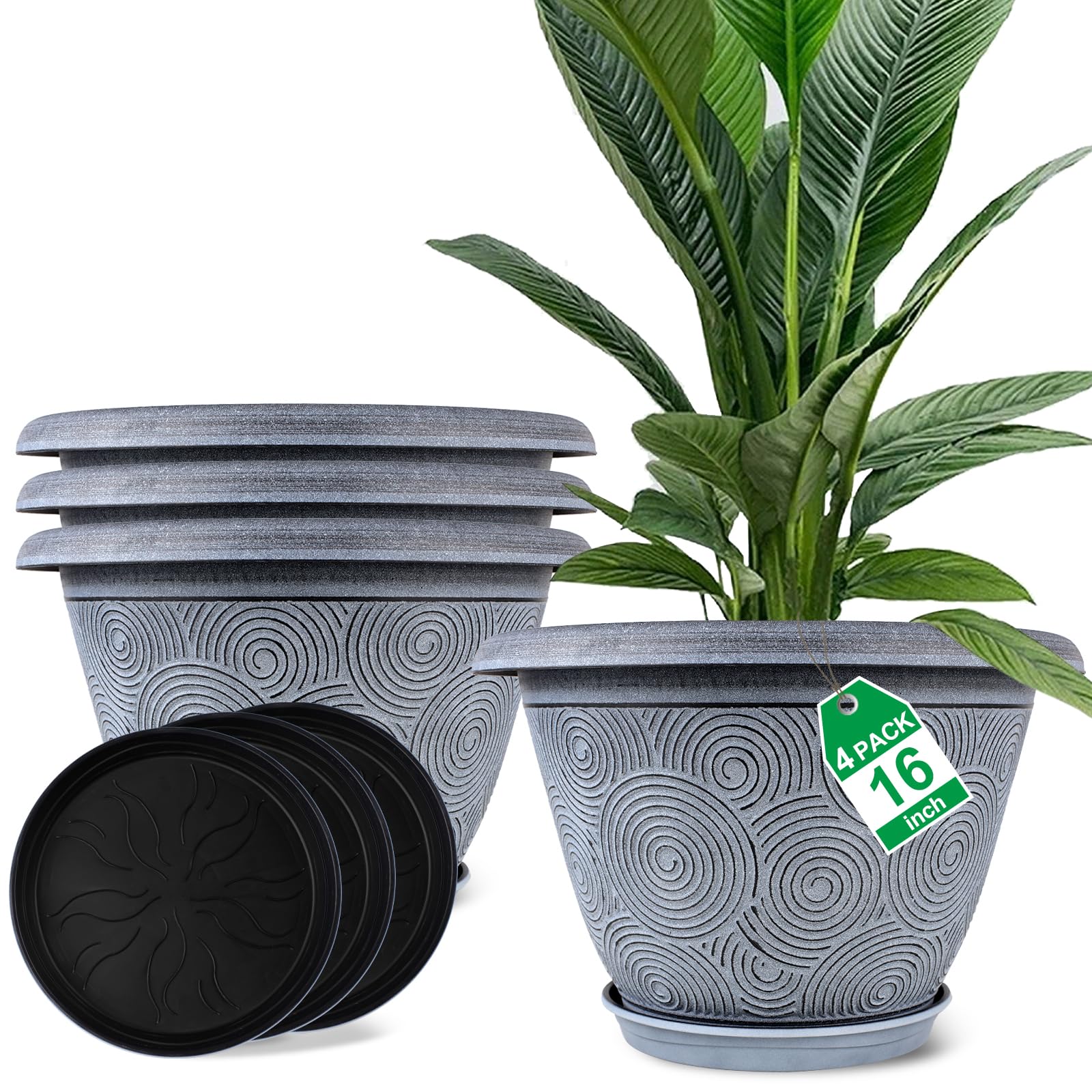 16 Inch Large Planter Pot for Plants Indoor Outdoor, 4 Pack Plastic Flower Pots with Drainage Hole & Tray, Modern Decorative Garden Pot with Saucer,