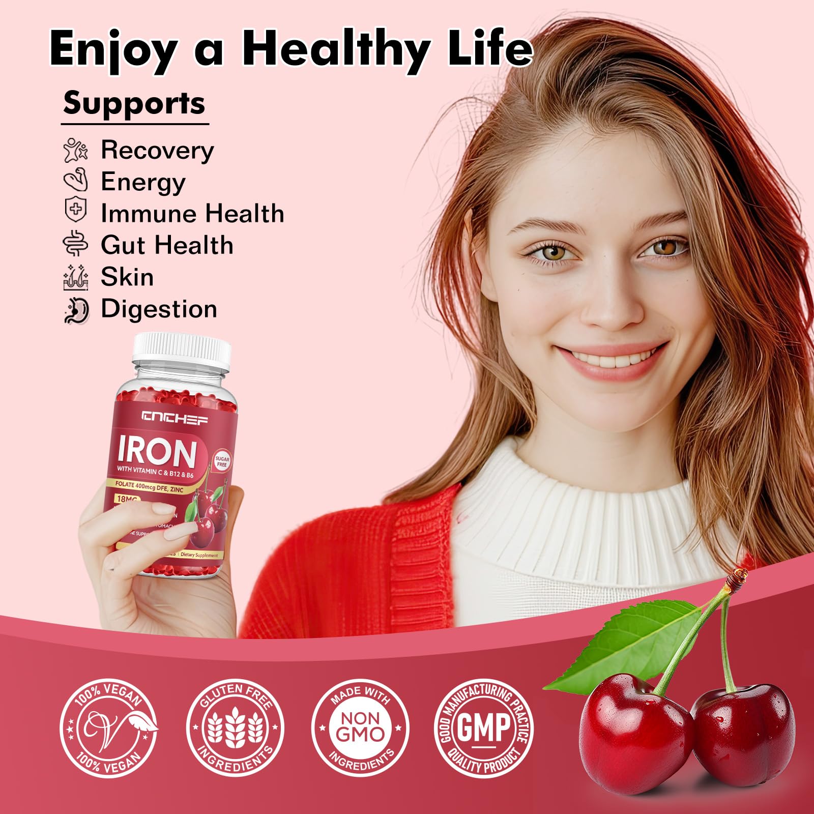 Iron Supplement for Women & Men Gummies, Multivitamin Blood Builder Iron Supplement with Folate Vitamin C B12 B6 Zinc for Adults & Kids - Energy Support - Cherry Flavor, Vegan 60 Gummies — Amazon image 2