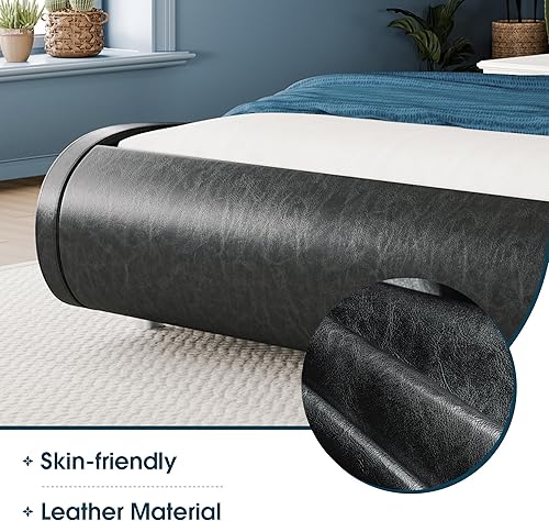 Miniatura 6 de WEEWAY Base de cama moderna de plataforma tapizada tamaño Queen, cama de trineo de piel sintética con cabecera ajustable, soporte de listones de