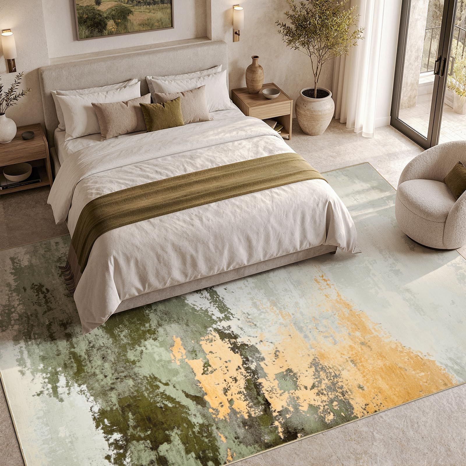 TOPICK Abstract Living Room Rug 200x290, Green, Cashmere Texture, Washable โ image 1