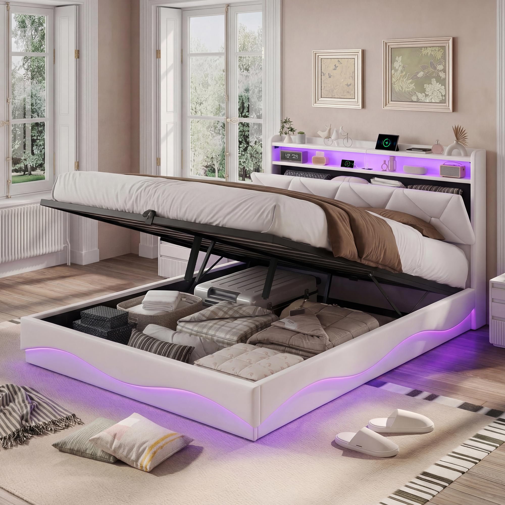 Cama con Caja Fuerte 160 x 200 cm con LED y puertos USB, camas dobles tapizadas con almacenamiento hidráulico, cabecero con estantes abiertos, camas para adultos y jóvenes, sin colchón (beige