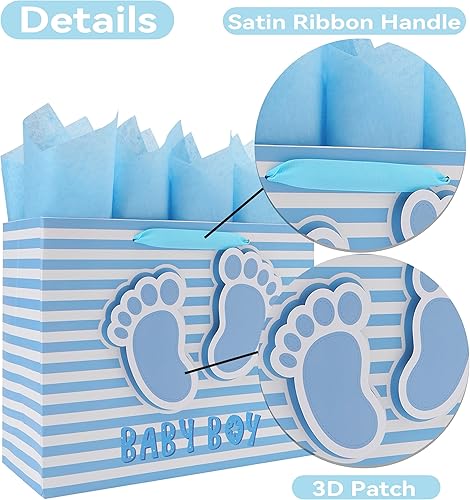 Miniatura 4 de Juego de bolsa de regalo grande de 13 pulgadas con asas, tarjeta de felicitación, papel de seda azul y calcomanías para niños para baby shower,
