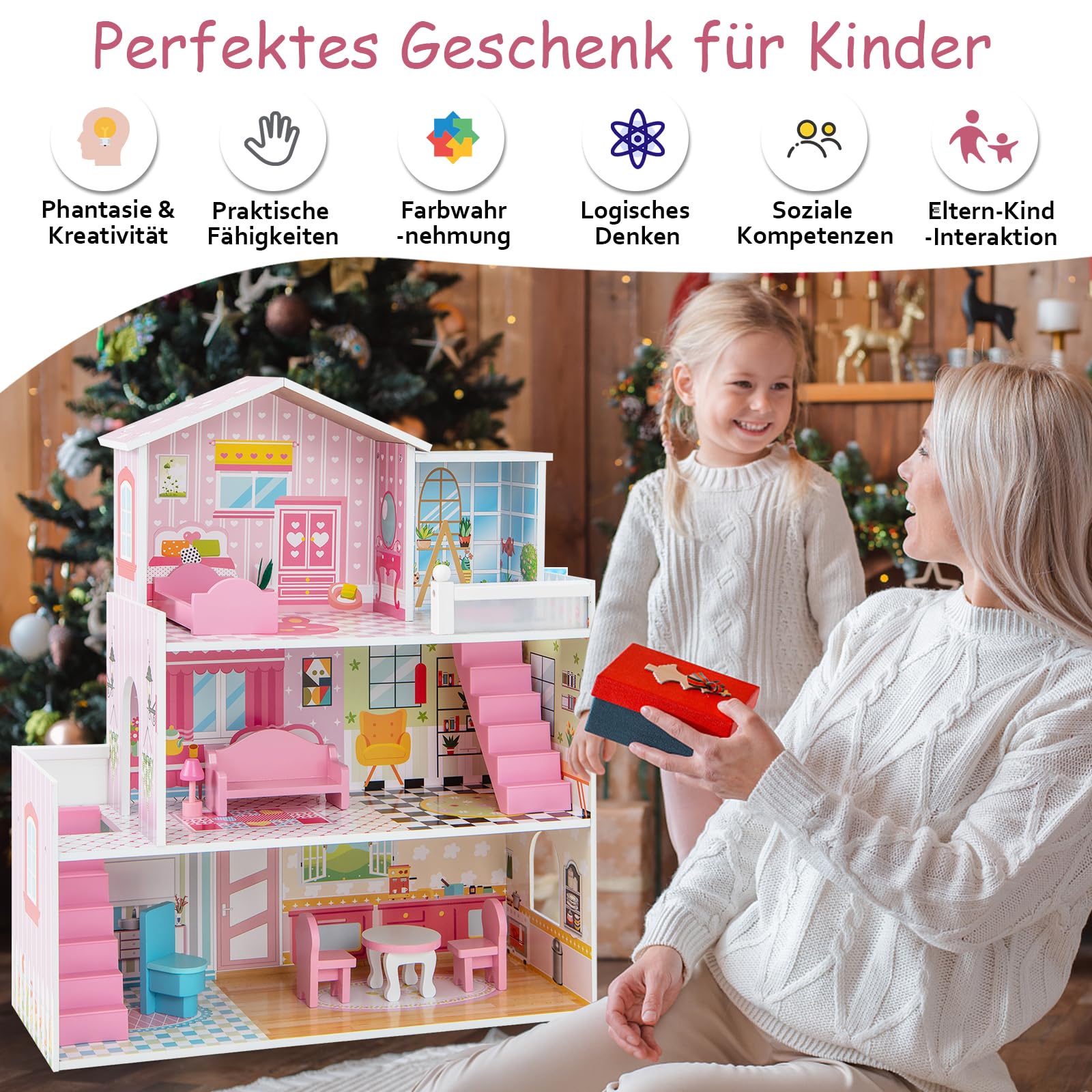DREAMADE Puppenhaus Holz, 3-stöckiges & Großes Dollhouse mit 5 Zimmern & Möbeln, Zubehör & 2 Treppen & niedlichen Tapeten, Puppenvilla Puppenstube Holzspielzeug rosa Spielzeug für Kinder ab 3 Jahren