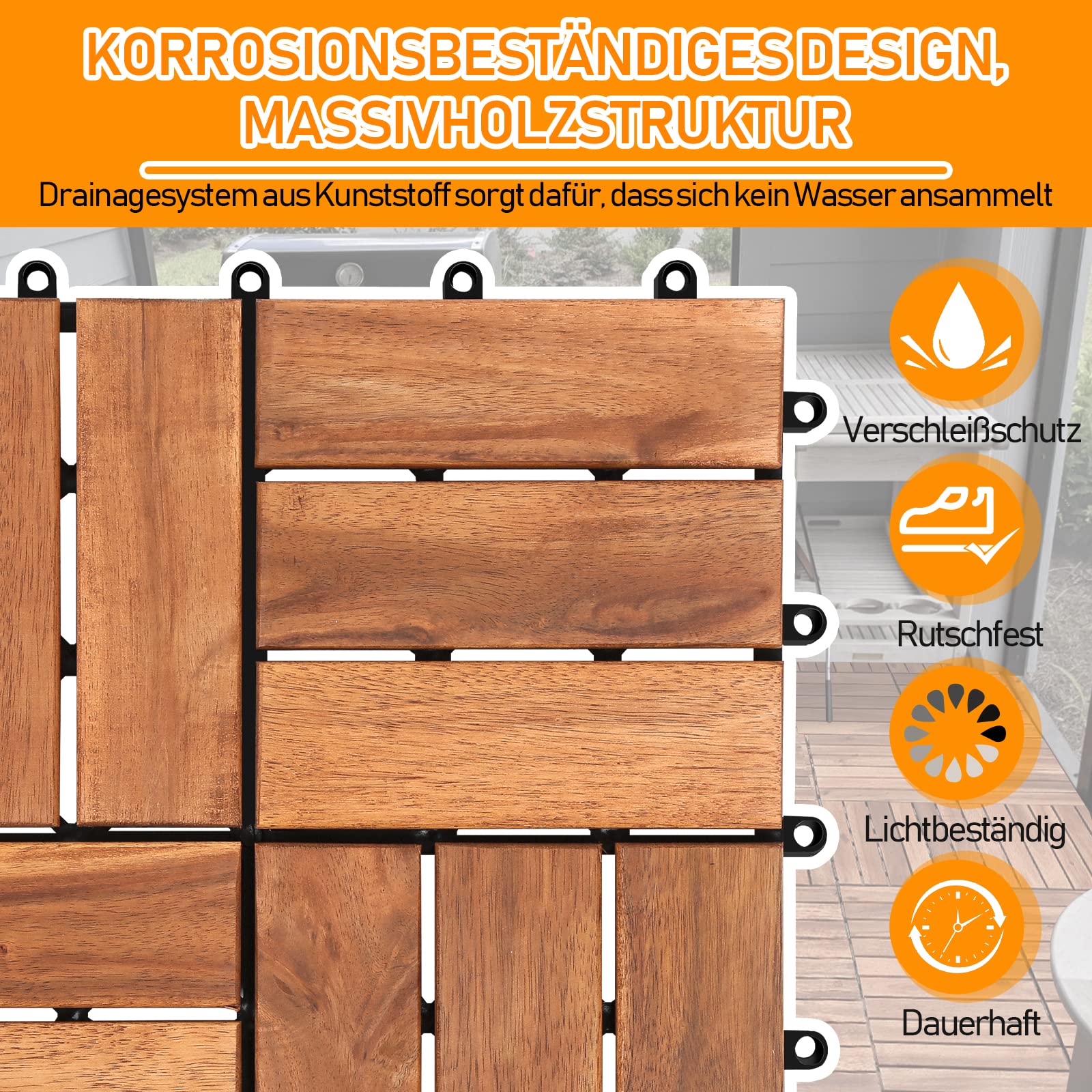 Herrselsam Holzfliesen Terrassenfliesen, 30x30 cm Holzfliesen aus Akazien Holz, 12 Latten Fliese 1m², Bodenfliesen geeignet als Terrassenfliesen und Balkonfliesen(11 Stück)