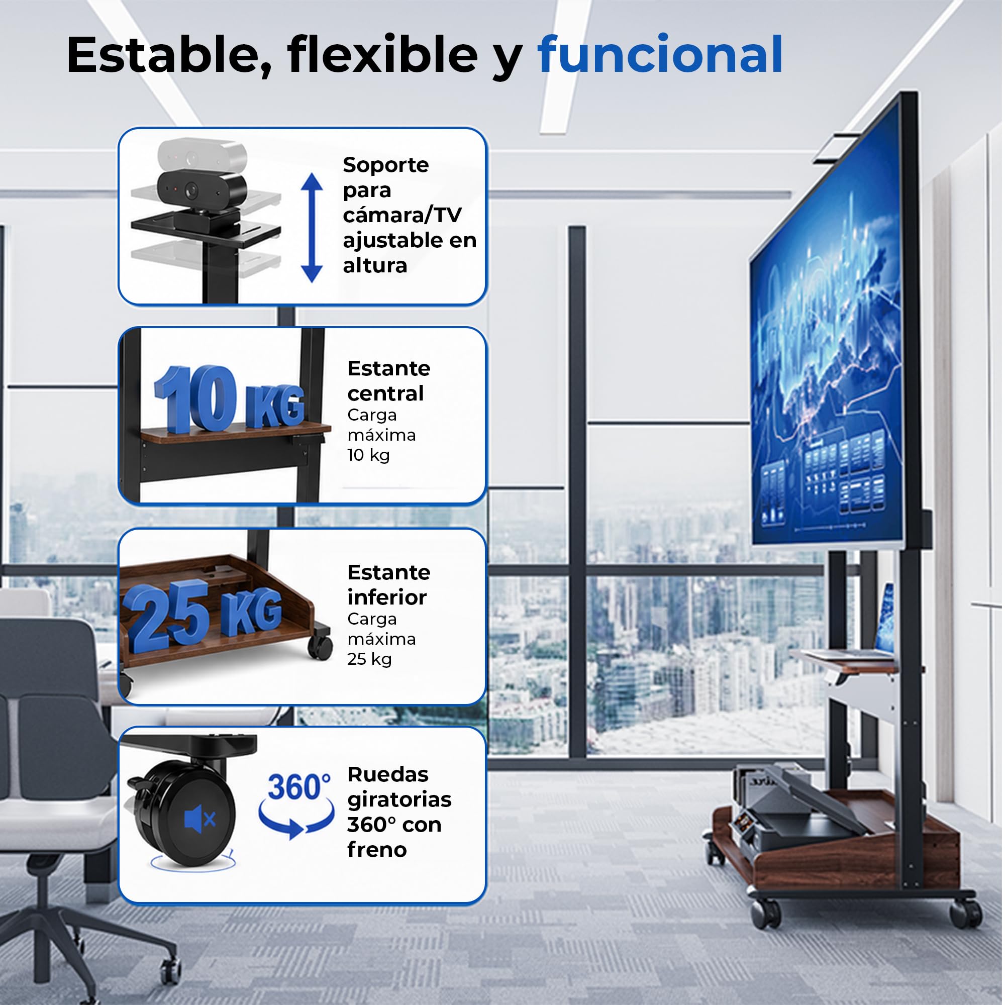 DQ TV Elevador Zelos eléctrico para TV de 37 a 85 Pulgadas Soporte de Enrollable, regulación de Altura Mediante Mando motorizado de Carga hasta 70 kg, 3 estantes y regleta de enchufes, Nogal Negro