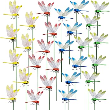 28 PCS Dragon Garden Stakes, 3D Dragonfly Garden Decor Dragonflies Garden Ornaments for Patio Decoration Dragonfly Stakes with Sticks