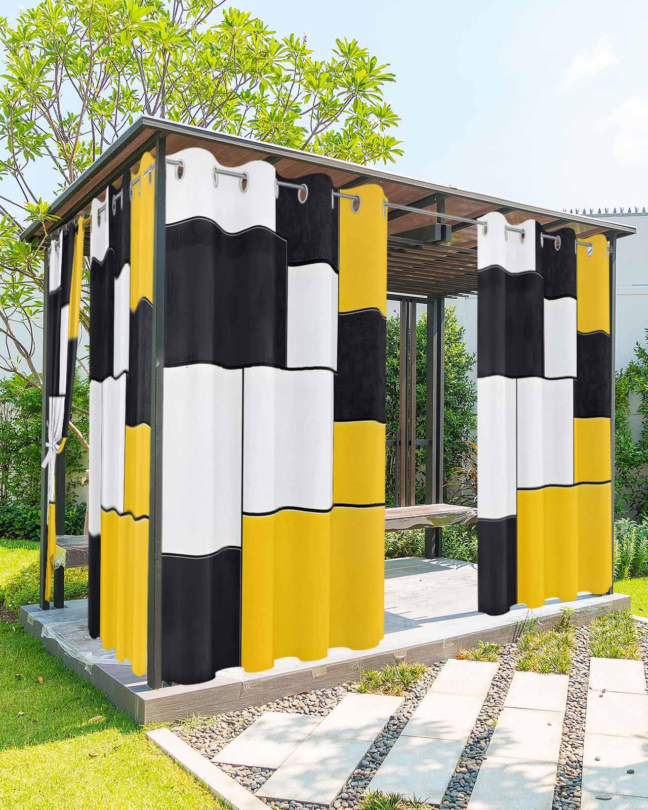 Outdoor Curtains for Patio Waterproof Yellow Black White Light Filtering Thermal Insulated Privacy Drapes with Grommets 54x108 - 1 Panel, Outdoor Curtain for Pergola Porch Gazebo, Abstract Patchwork