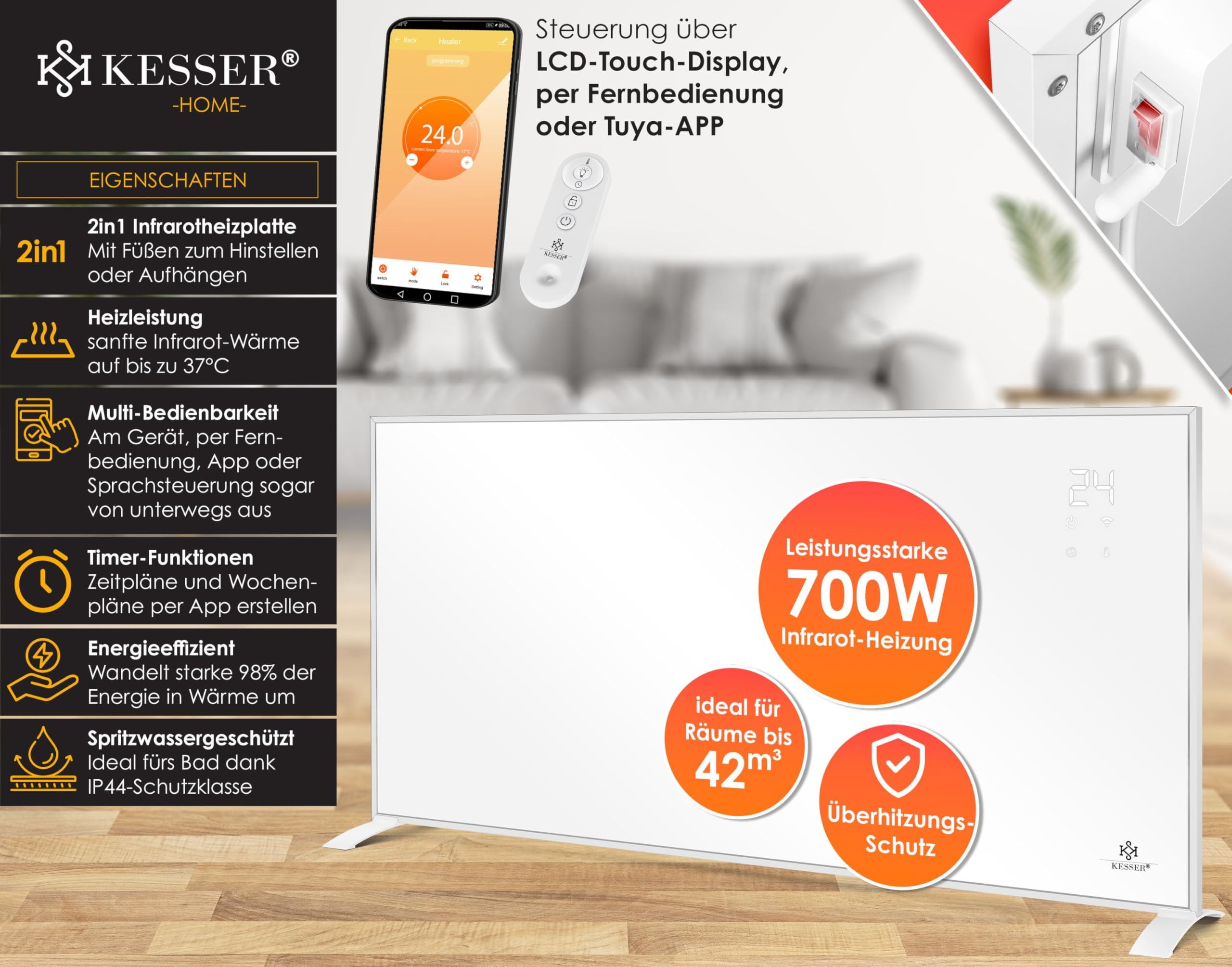 KESSER® Riscaldamento a infrarossi a risparmio energetico, dispositivo a infrarossi e montaggio a parete, riscaldamento elettrico, 700 W, con telecomando, termostato e controllo app, pannello di